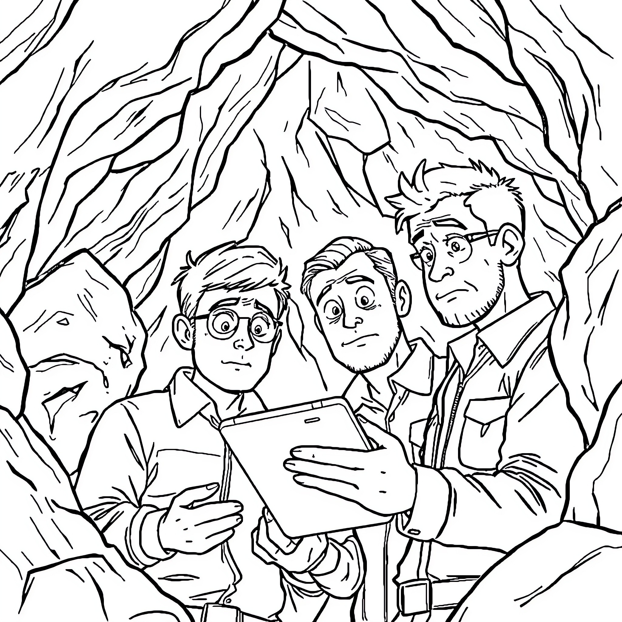 IT Guys Exploring the Digital Wilderness Coloring Page (free black-and-white line drawing printable PDF for all, from beginners to advanced learners, including children, teens, adults, and seniors)