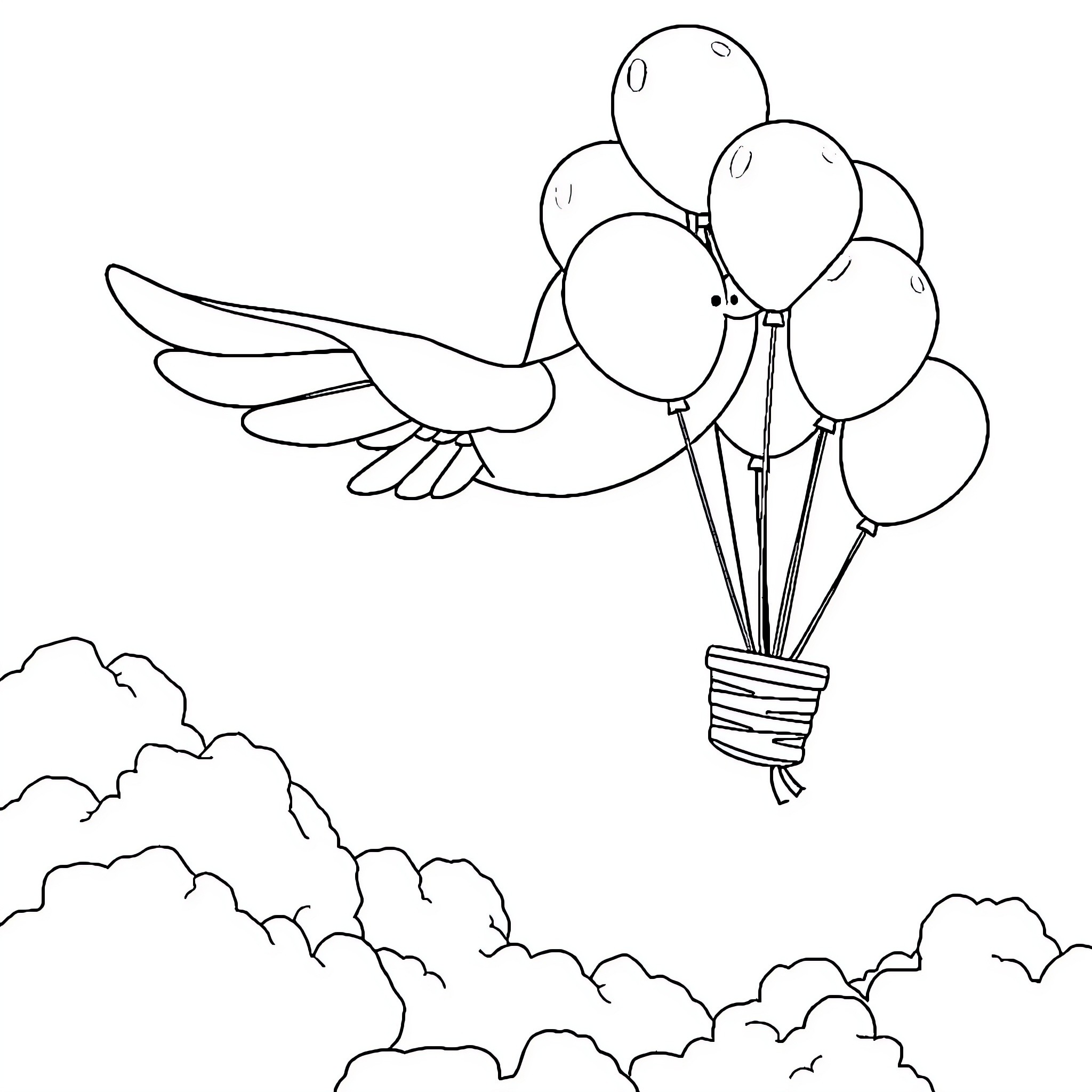 Smurf carrying balloons in the sky Coloring Page (free black-and-white line drawing printable PDF for all, from beginners to advanced learners, including children, teens, adults, and seniors)