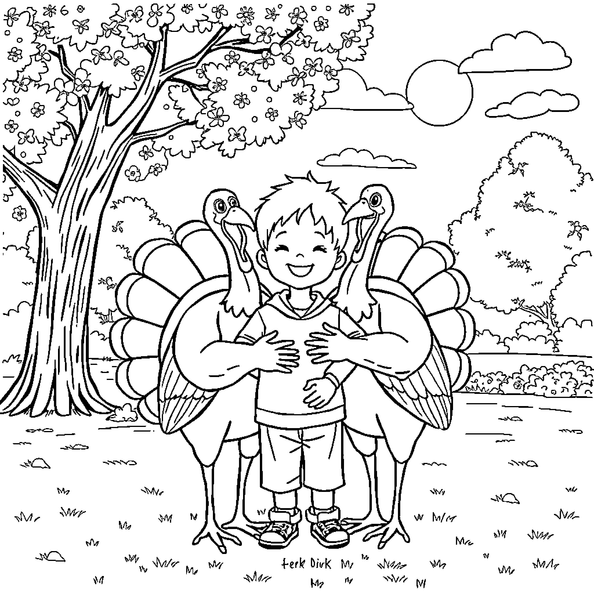 Turkey Enjoying Nature's Beauty with Friends Coloring Page (free black-and-white line drawing printable PDF for all, from beginners to advanced learners, including children, teens, adults, and seniors)