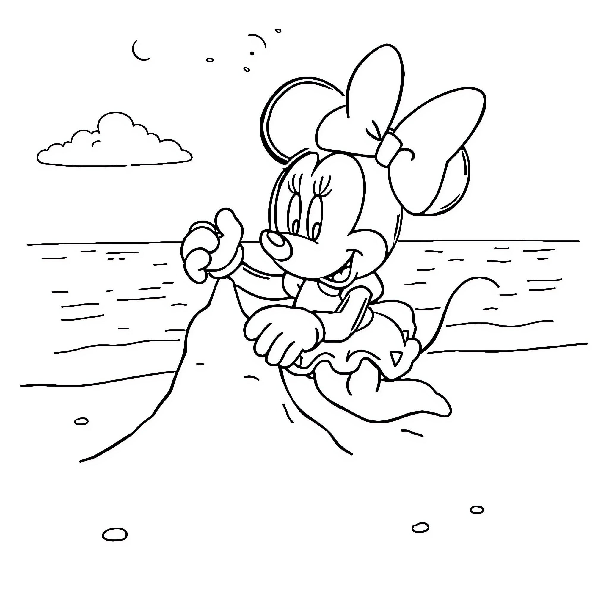 Minnie Mouse enjoying a beach day Coloring Page (free black-and-white line drawing printable PDF for all, from beginners to advanced learners, including children, teens, adults, and seniors)