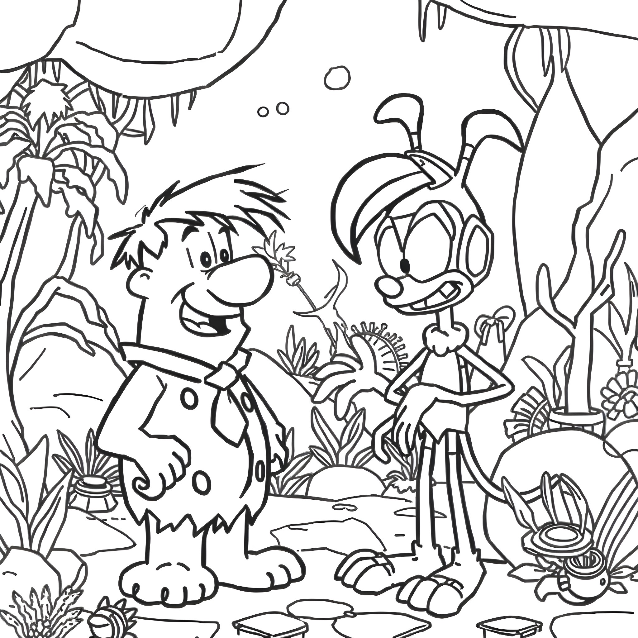 Kazoo: Cartoon characters playing in the jungle Coloring Page (free black-and-white line drawing printable PDF for all, from beginners to advanced learners, including children, teens, adults, and seniors)