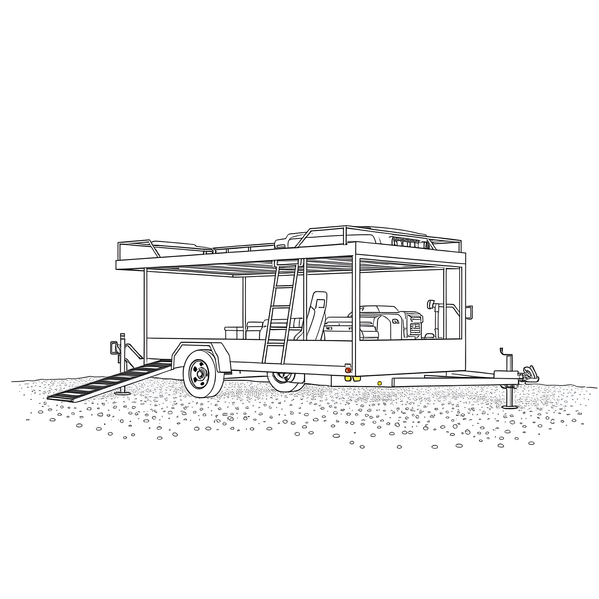 Car Trailer Loaded with Camping Equipment Coloring Page (free black-and-white line drawing printable PDF for all, from beginners to advanced learners, including children, teens, adults, and seniors)