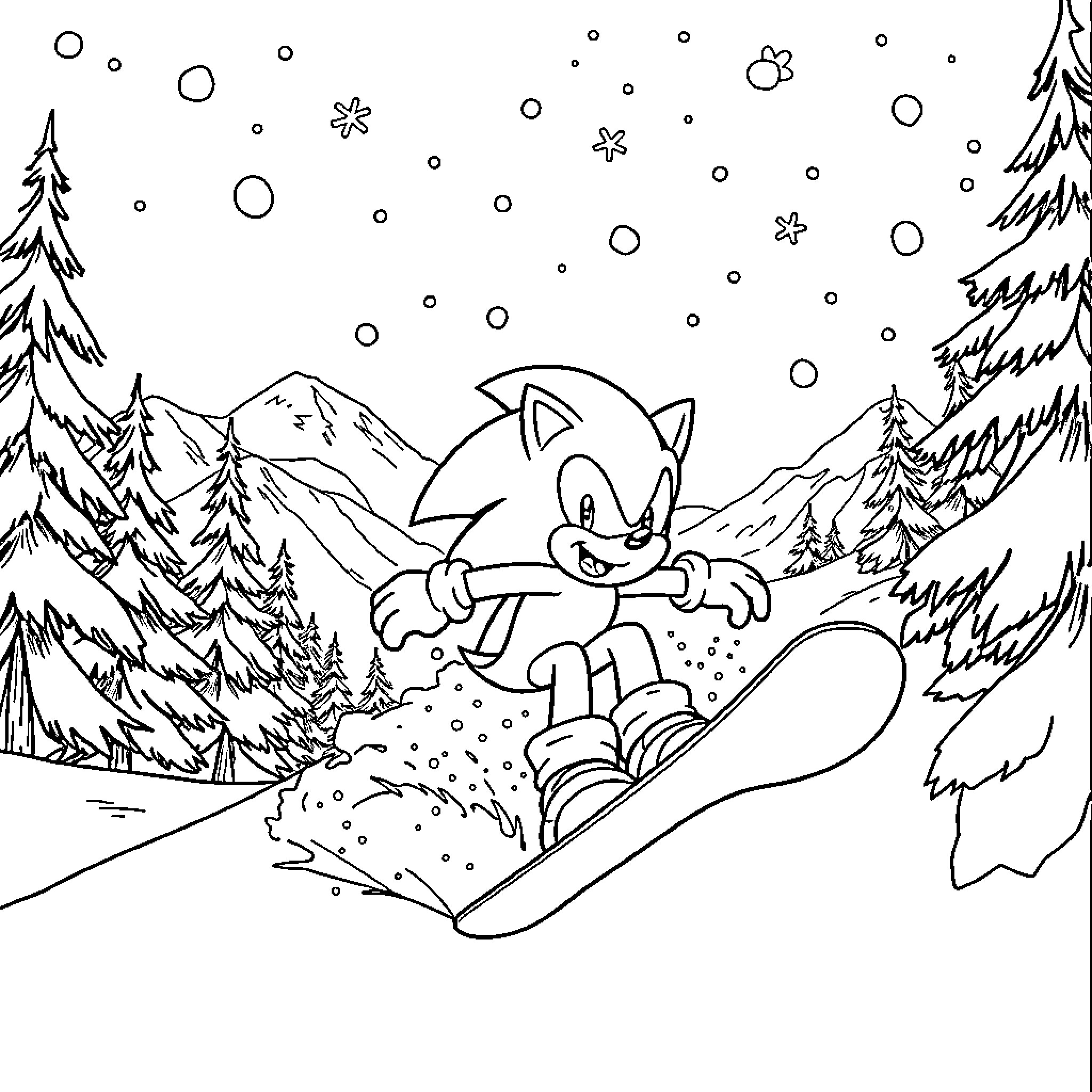 Sonic's Snowy Snowboarding Adventure Coloring Page (free black-and-white line drawing printable PDF for all, from beginners to advanced learners, including children, teens, adults, and seniors)