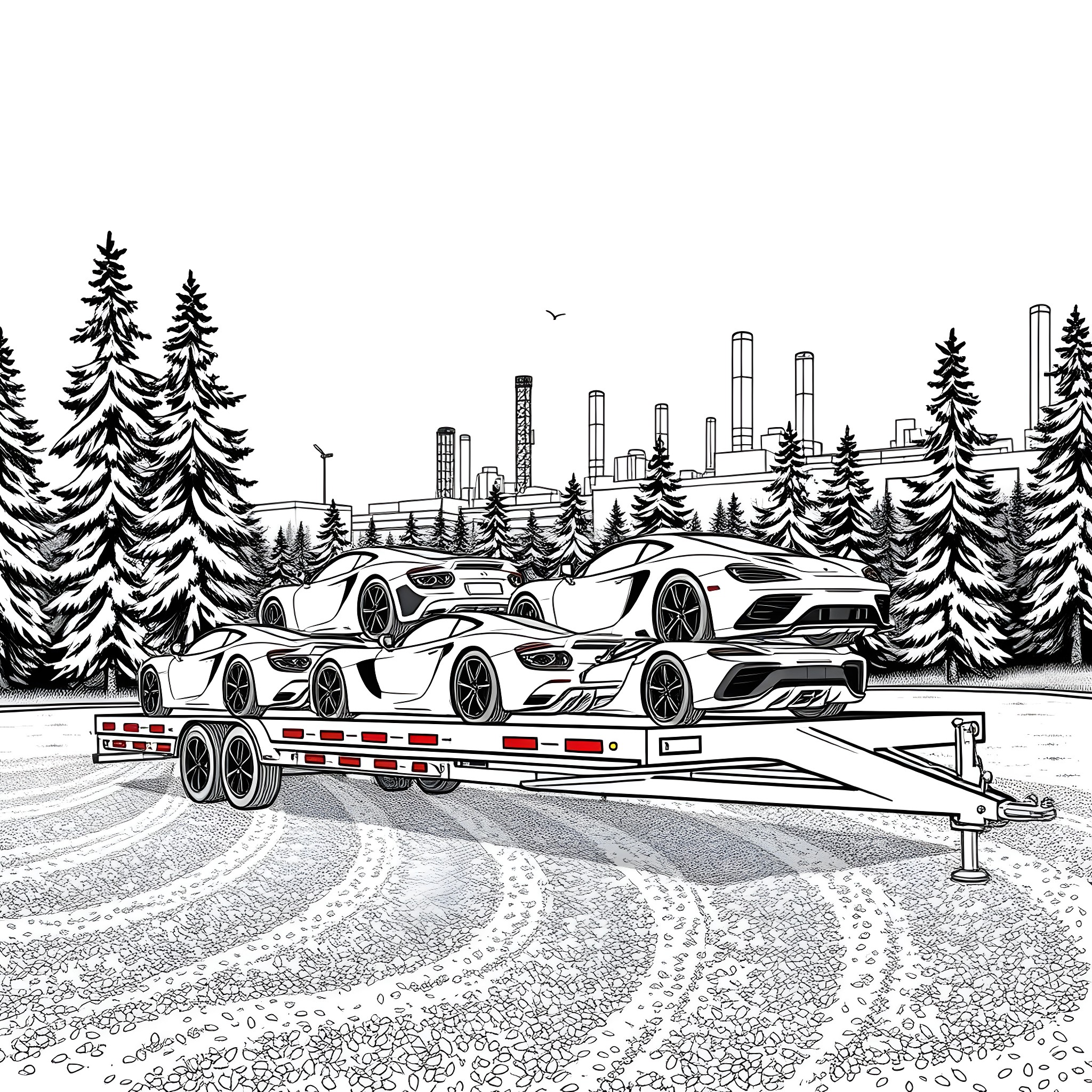 Car Hauler transporting luxury sports cars through the snowy forest Coloring Page (free black-and-white line drawing printable PDF for all, from beginners to advanced learners, including children, teens, adults, and seniors)