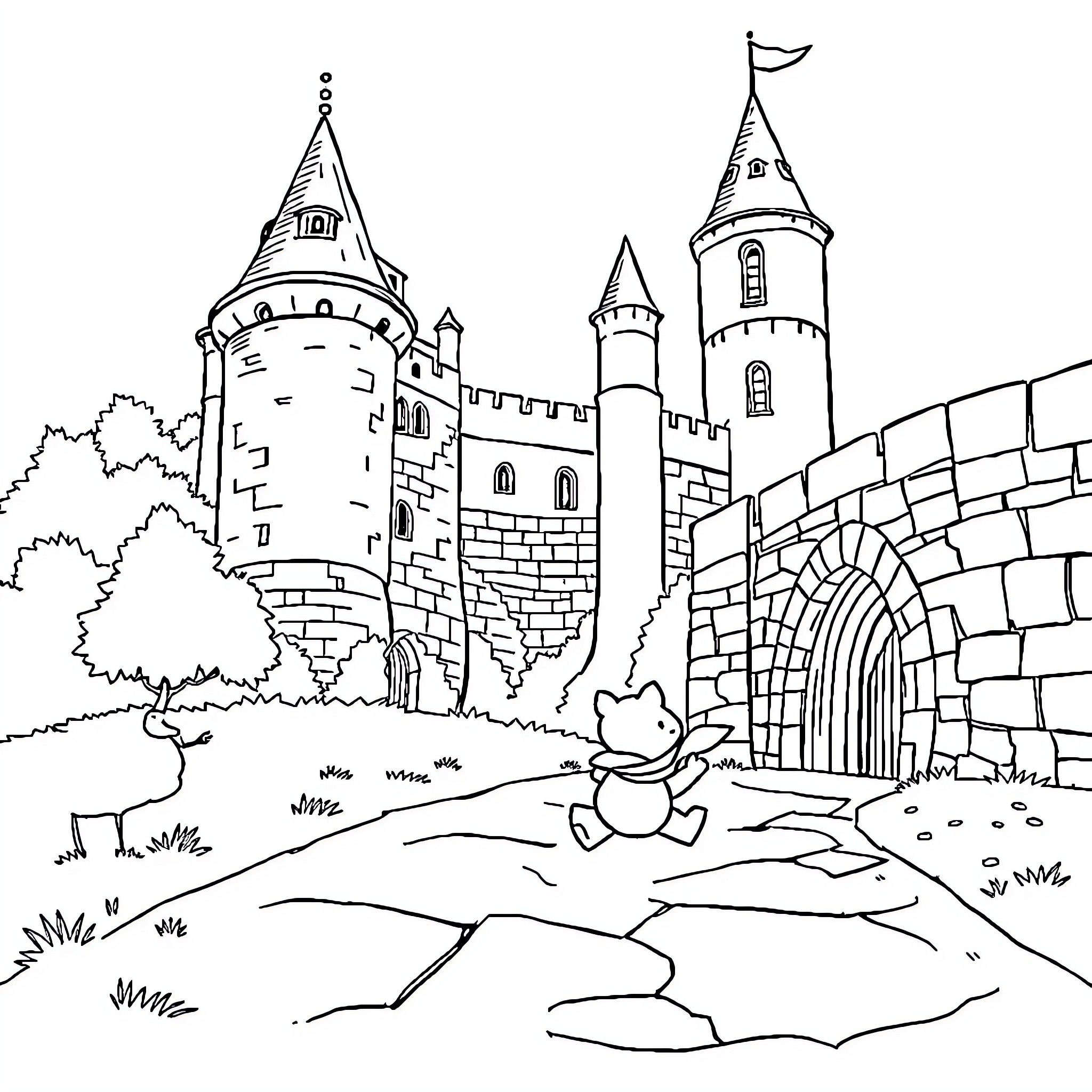 Hedgehog exploring a fairy tale castle Coloring Page (free black-and-white line drawing printable PDF for all, from beginners to advanced learners, including children, teens, adults, and seniors)