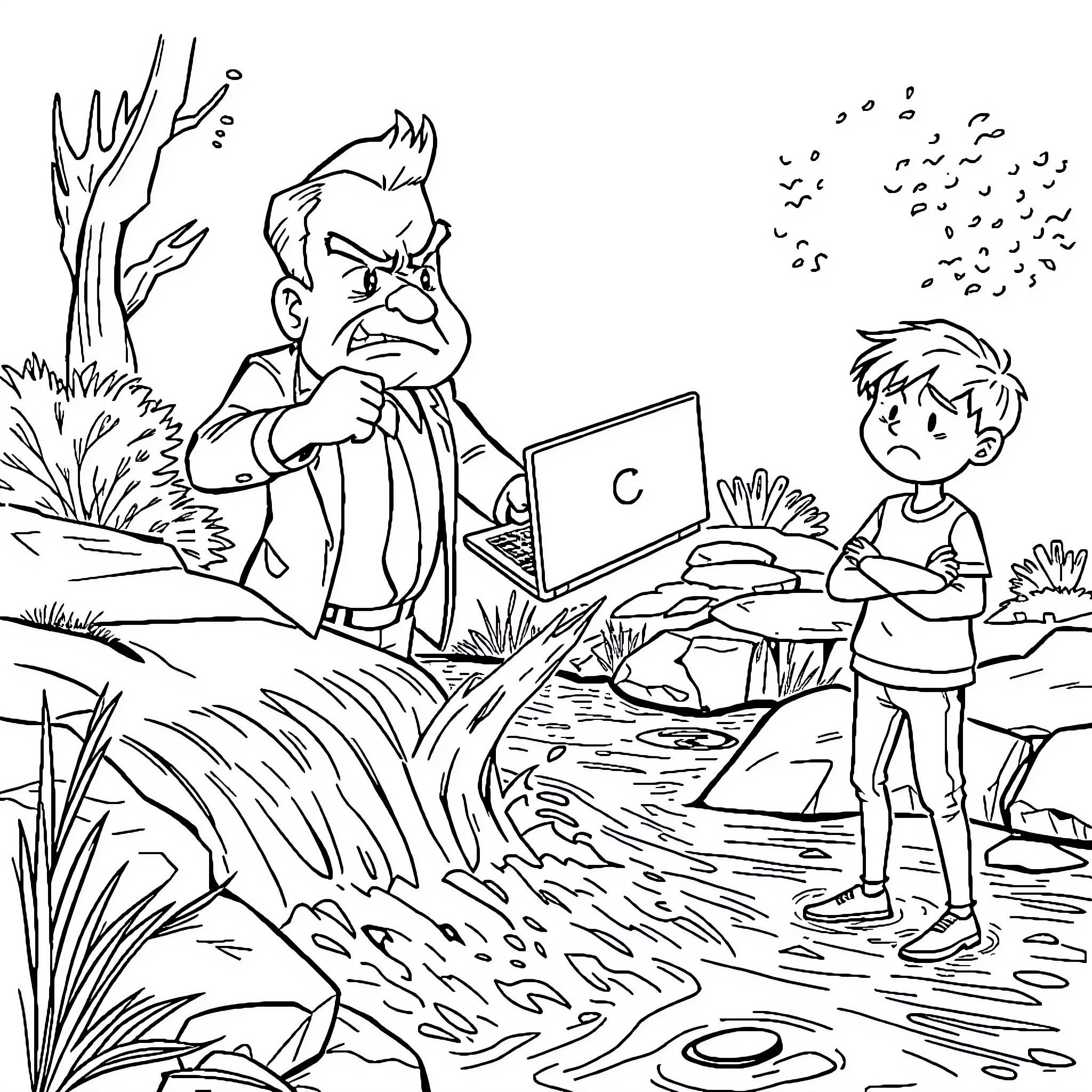Teacher conducting outdoor class with student Coloring Page (free black-and-white line drawing printable PDF for all, from beginners to advanced learners, including children, teens, adults, and seniors)