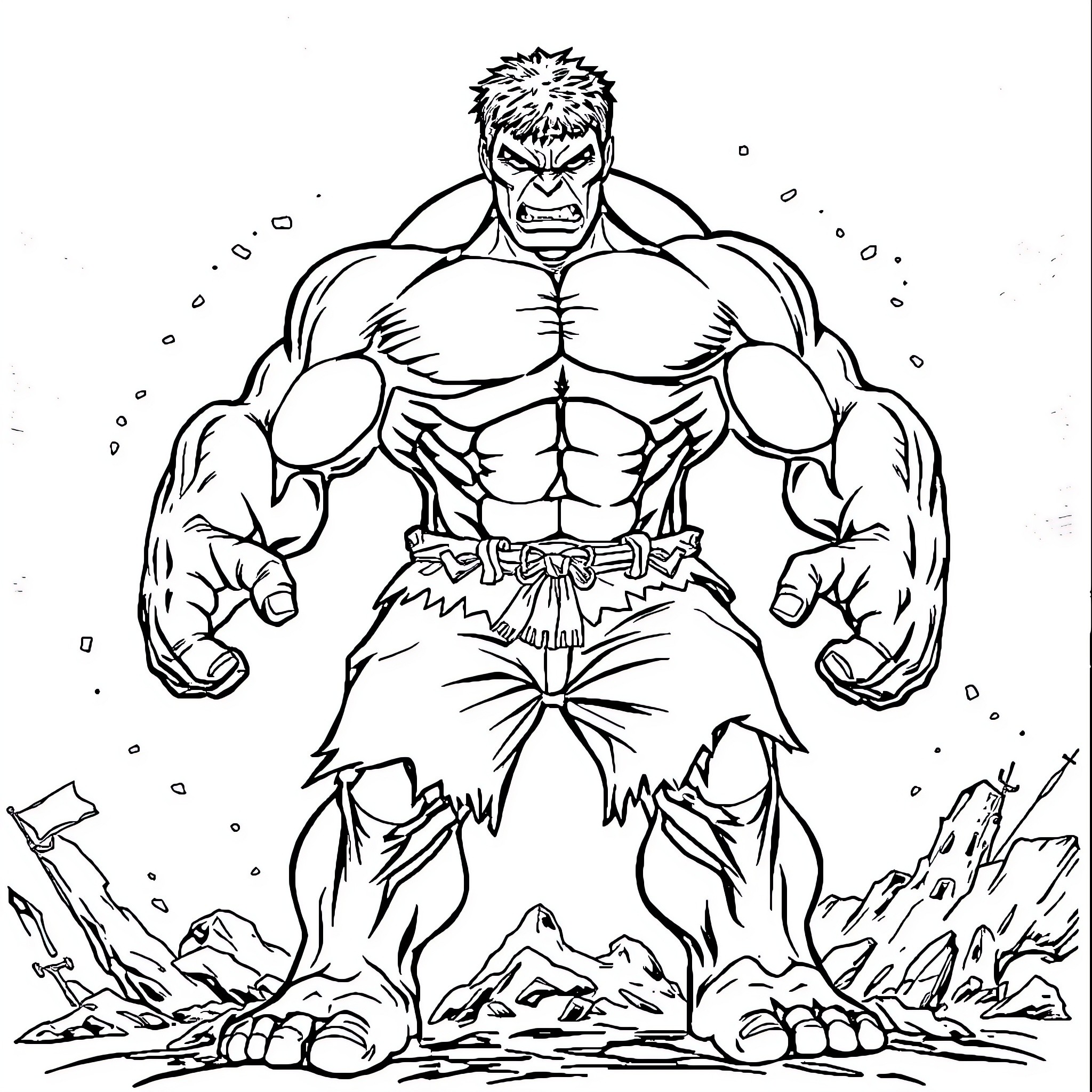 Hulk's Powerful Pose in Destruction Coloring Page (free black-and-white line drawing printable PDF for all, from beginners to advanced learners, including children, teens, adults, and seniors)