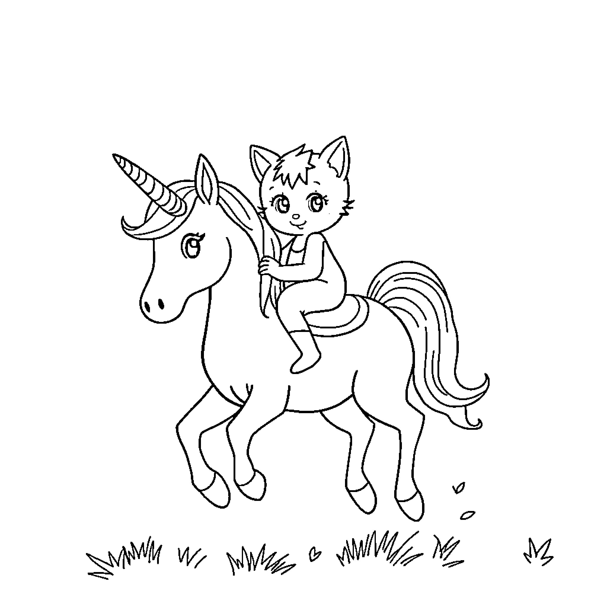 Hello Kitty riding a unicorn in a field Coloring Page (free black-and-white line drawing printable PDF for all, from beginners to advanced learners, including children, teens, adults, and seniors)