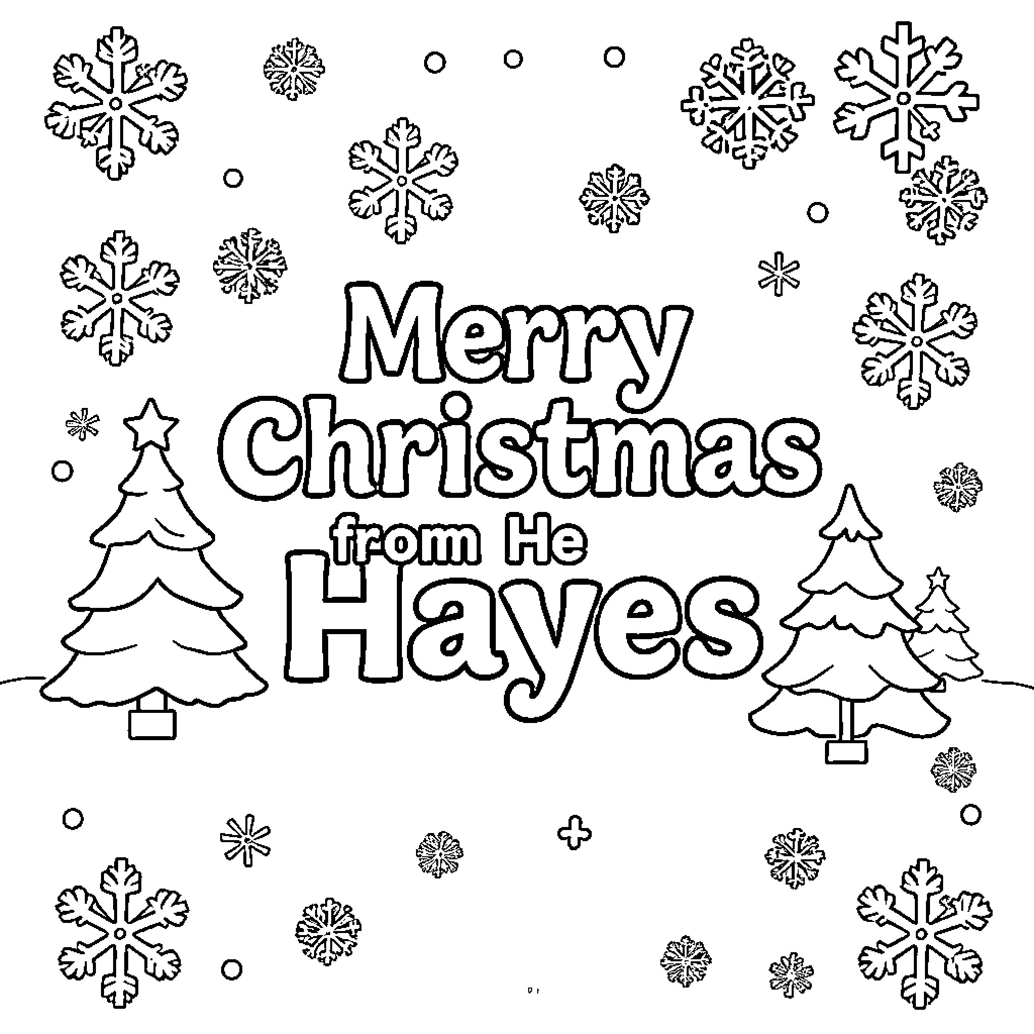 Christmas greetings with trees and snowflakes Coloring Page (free black-and-white line drawing printable PDF for all, from beginners to advanced learners, including children, teens, adults, and seniors)