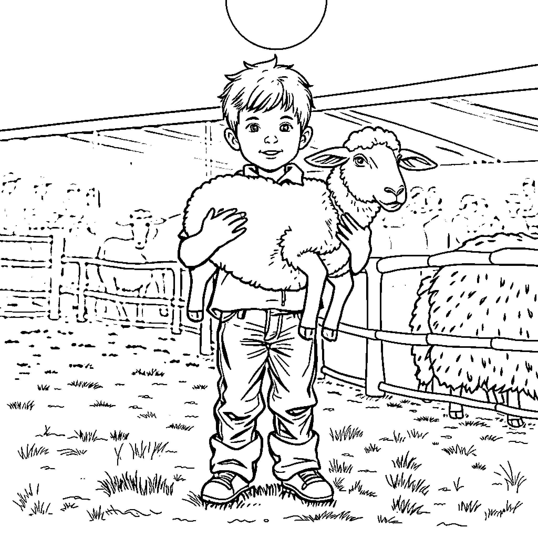 Boy smiling and petting a sheep on a farm Coloring Page (free black-and-white line drawing printable PDF for all, from beginners to advanced learners, including children, teens, adults, and seniors)
