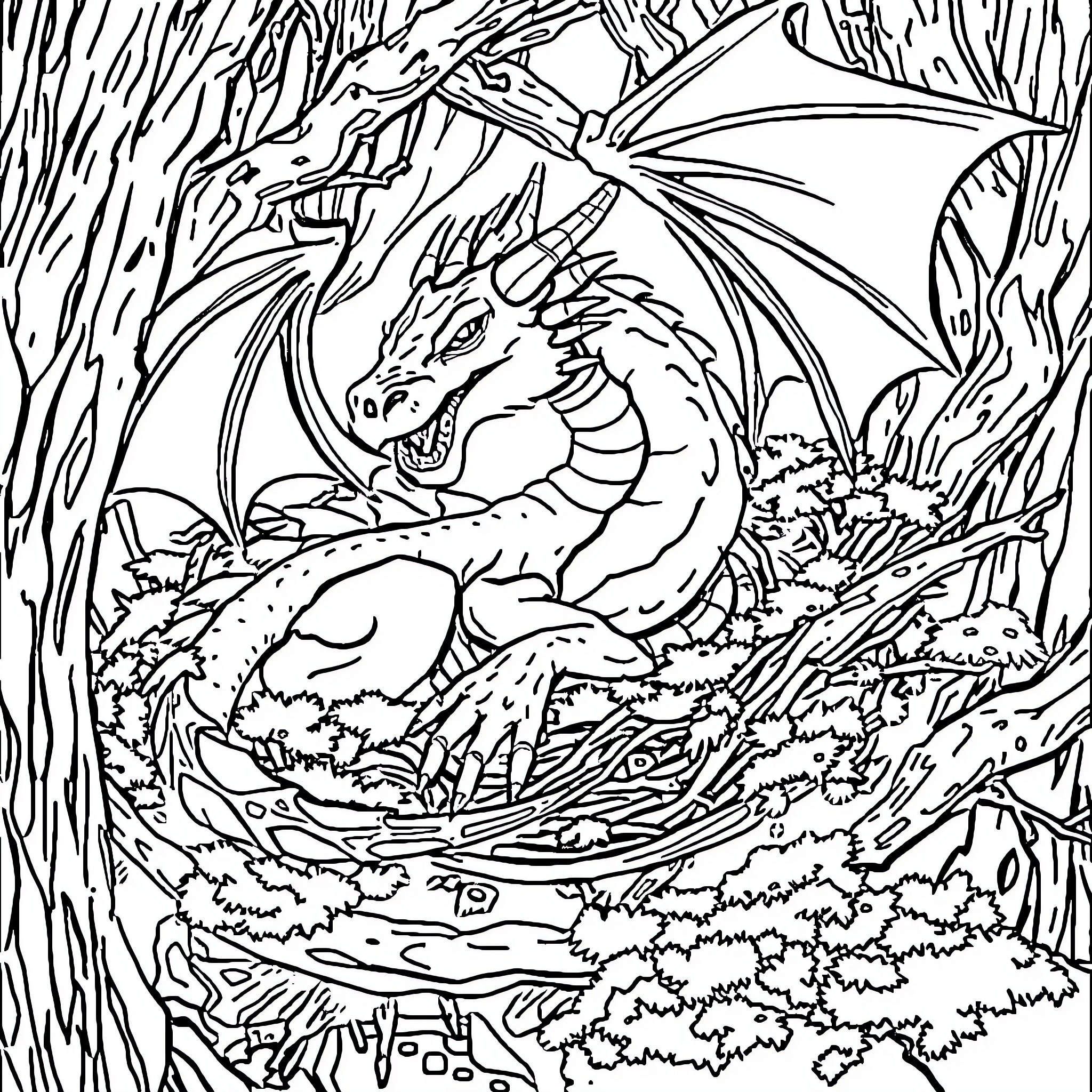 Dragon Guarding its Nest in the Forest Coloring Page (free black-and-white line drawing printable PDF for all, from beginners to advanced learners, including children, teens, adults, and seniors)