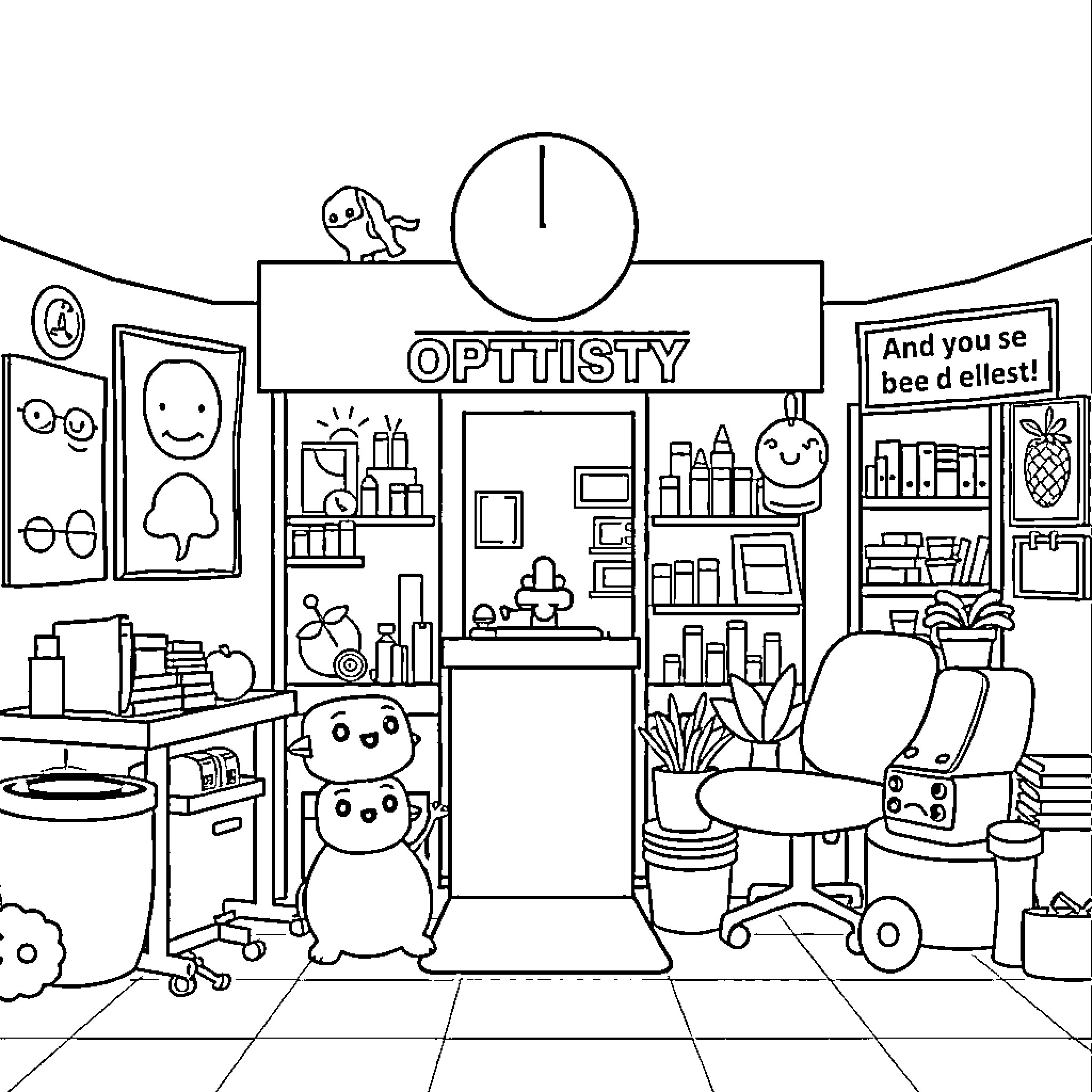 Optometry Shop with Whimsical Decor and Characters Coloring Page (free black-and-white line drawing printable PDF for all, from beginners to advanced learners, including children, teens, adults, and seniors)