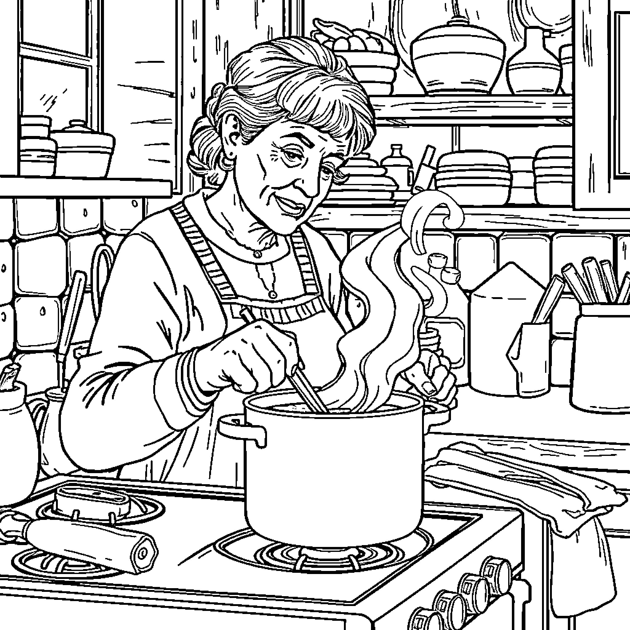 Woman cooking in a busy kitchen Coloring Page (free black-and-white line drawing printable PDF for all, from beginners to advanced learners, including children, teens, adults, and seniors)