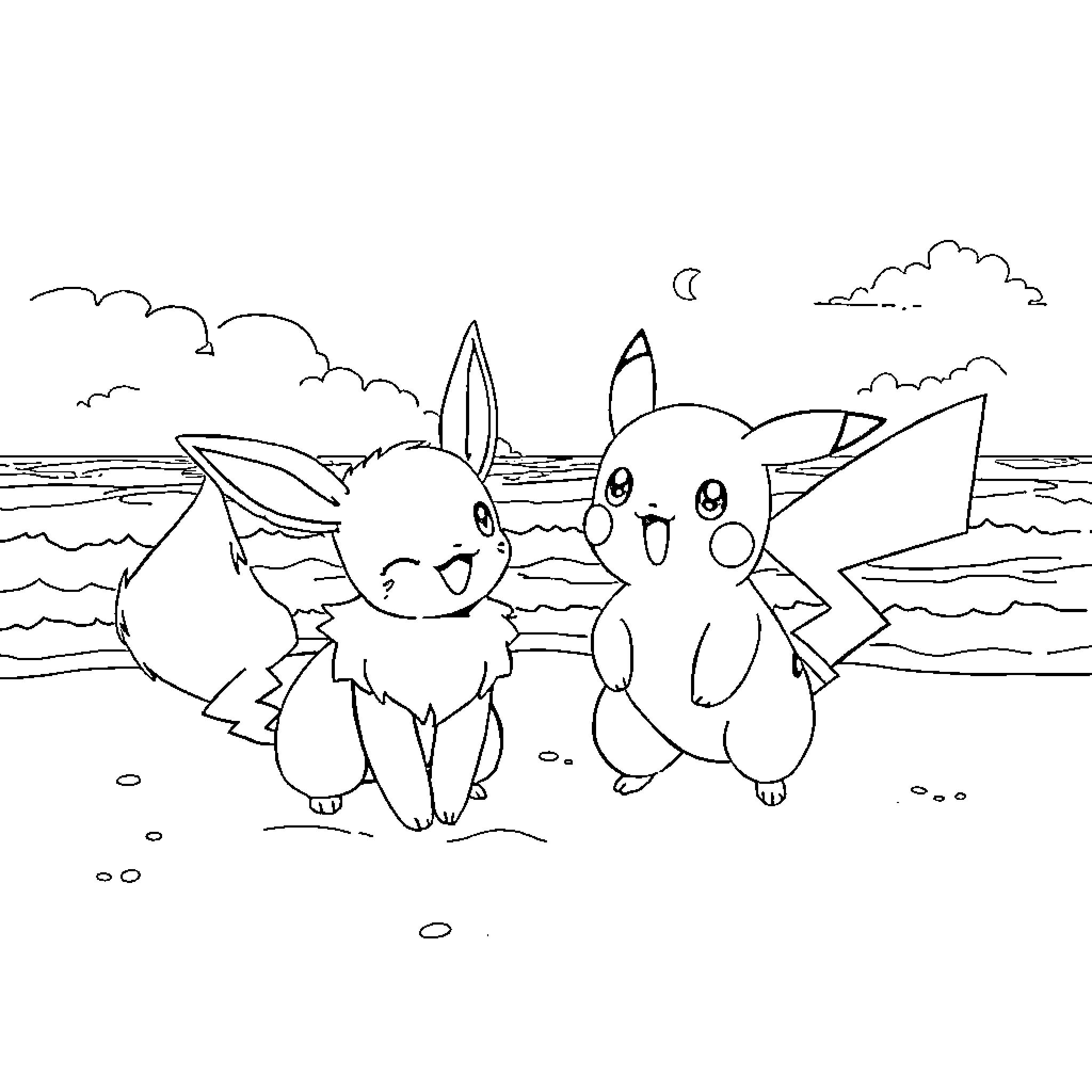 Eevee and Pikachu playing at the beach Coloring Page (free black-and-white line drawing printable PDF for all, from beginners to advanced learners, including children, teens, adults, and seniors)