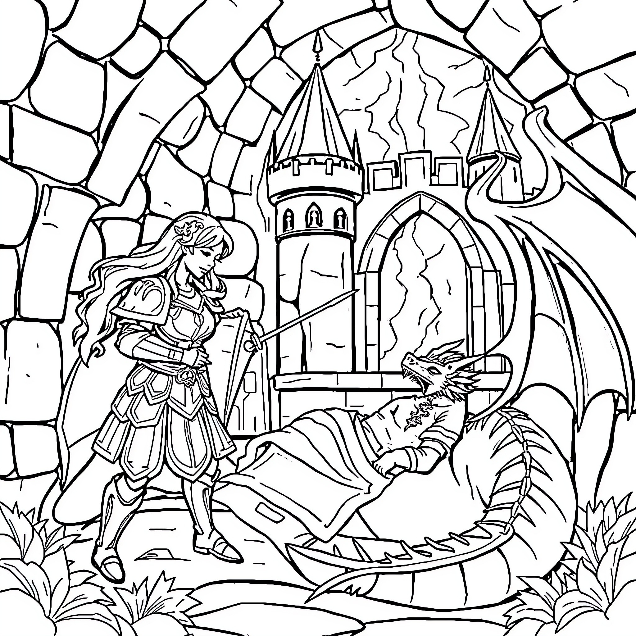 Princess confronting the fearsome dragon near the enchanted castle Coloring Page (free black-and-white line drawing printable PDF for all, from beginners to advanced learners, including children, teens, adults, and seniors)