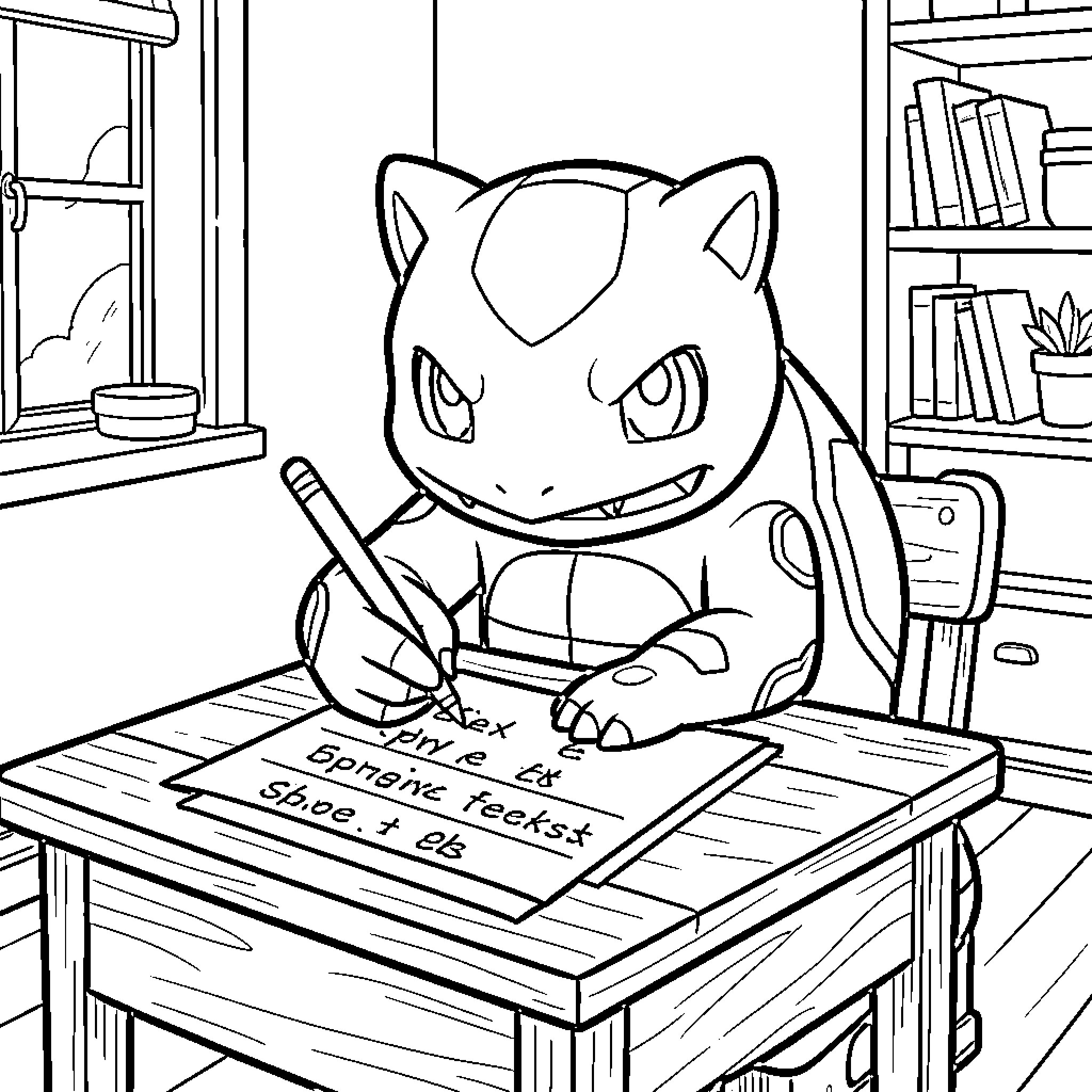 Bulbasaur studying diligently in the classroom Coloring Page (free black-and-white line drawing printable PDF for all, from beginners to advanced learners, including children, teens, adults, and seniors)