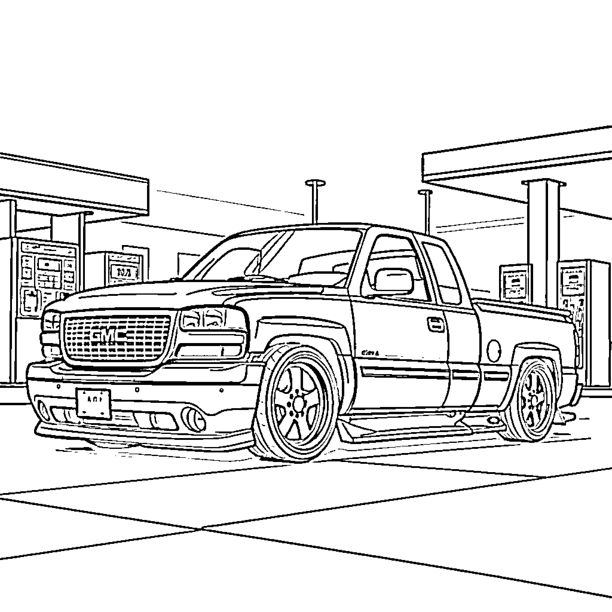GMC Sierra at Gas Station Filling Up Coloring Page (free black-and-white line drawing printable PDF for all, from beginners to advanced learners, including children, teens, adults, and seniors)