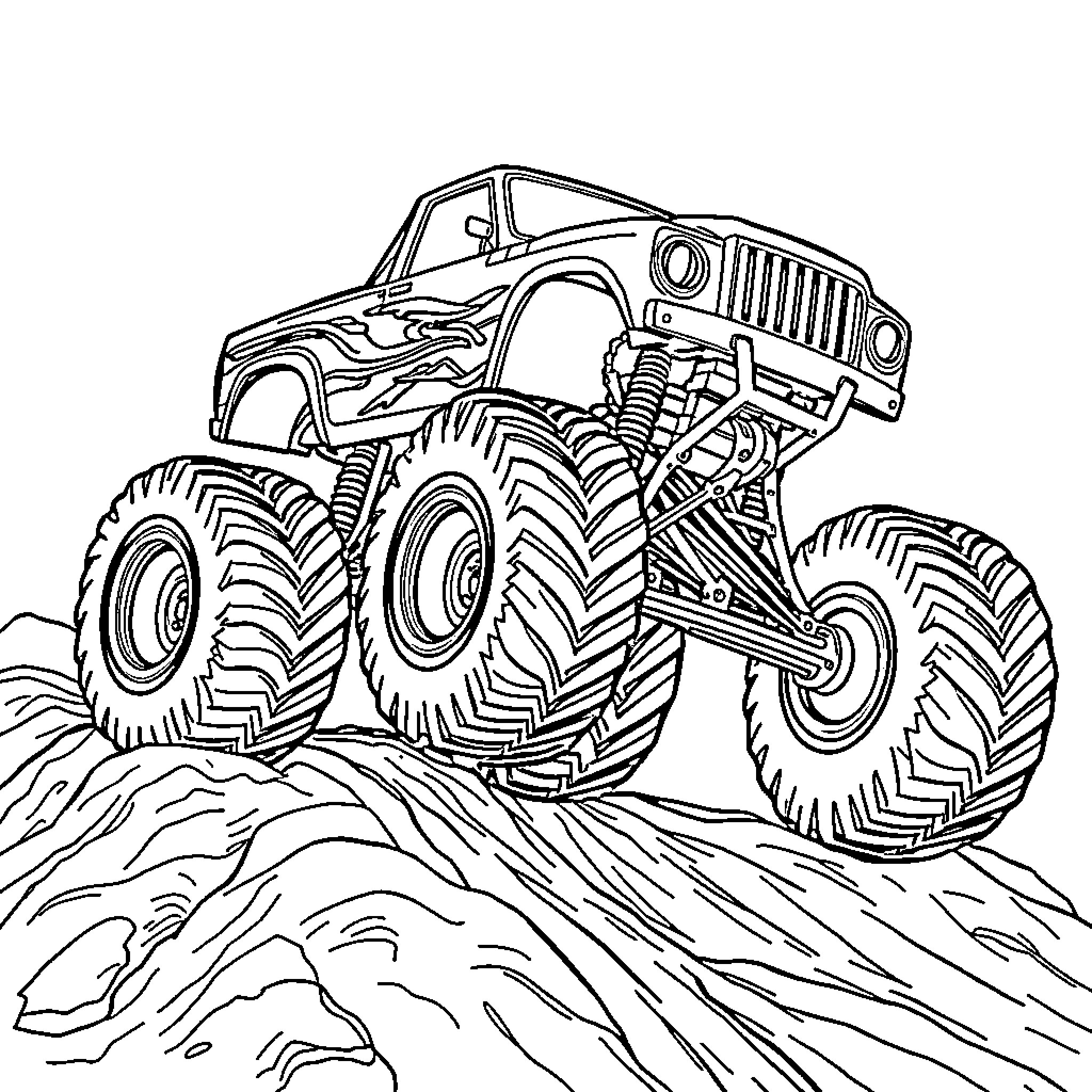 Monster Truck Conquering Rugged Terrain Coloring Page (free black-and-white line drawing printable PDF for all, from beginners to advanced learners, including children, teens, adults, and seniors)