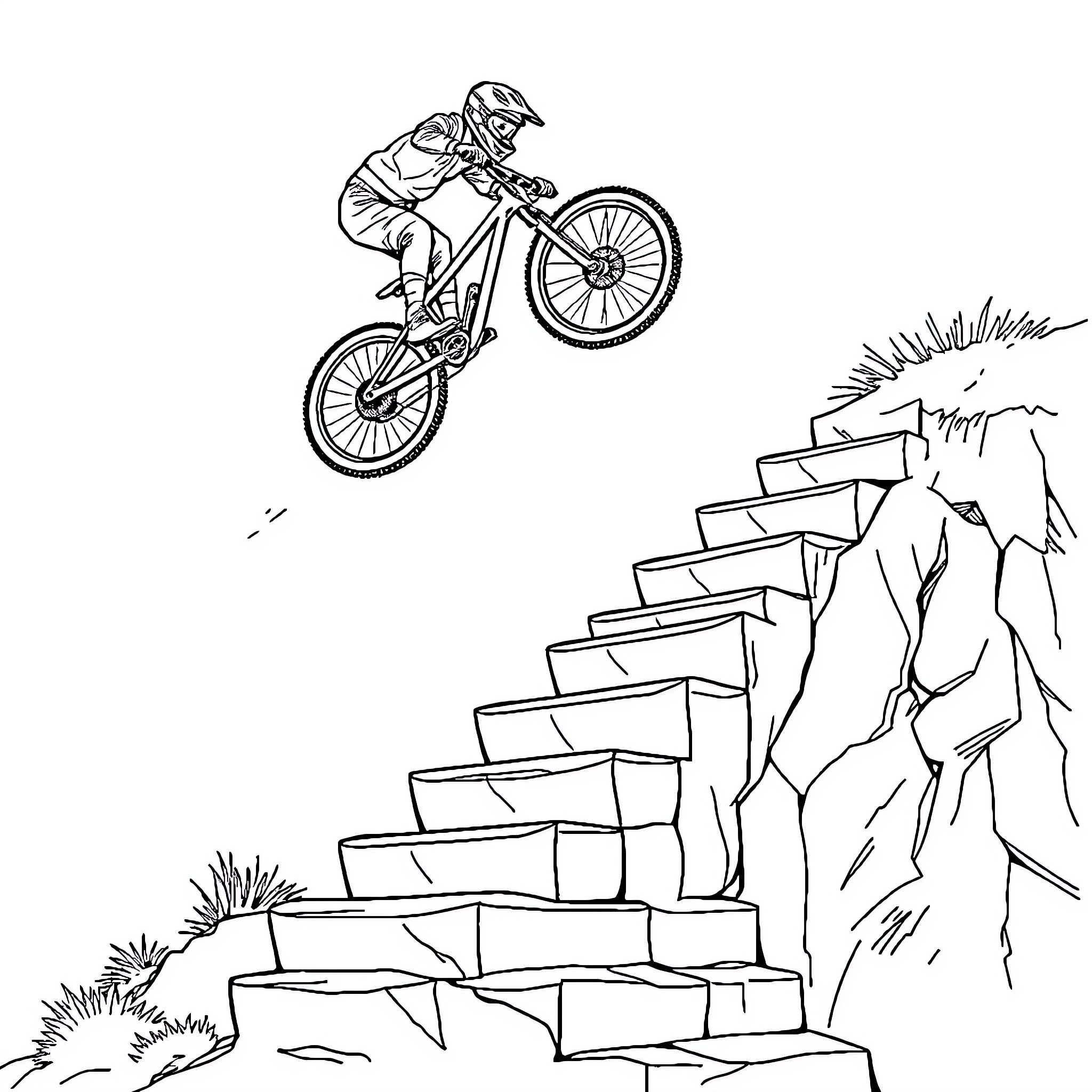 Mountain Biker Jumping over Rugged Terrain Coloring Page (free black-and-white line drawing printable PDF for all, from beginners to advanced learners, including children, teens, adults, and seniors)