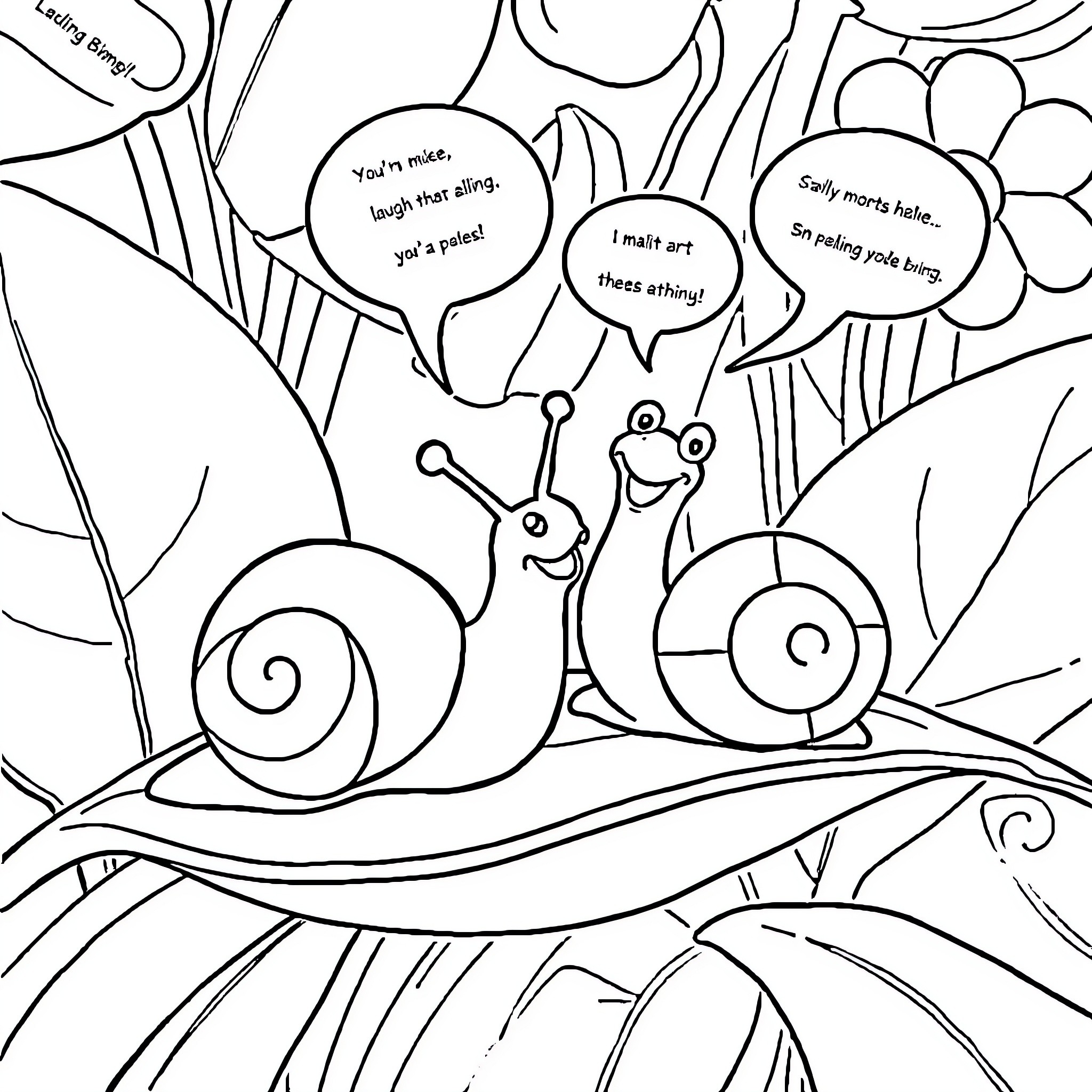 Snail Friends Exchanging Amusing Banter Coloring Page (free black-and-white line drawing printable PDF for all, from beginners to advanced learners, including children, teens, adults, and seniors)