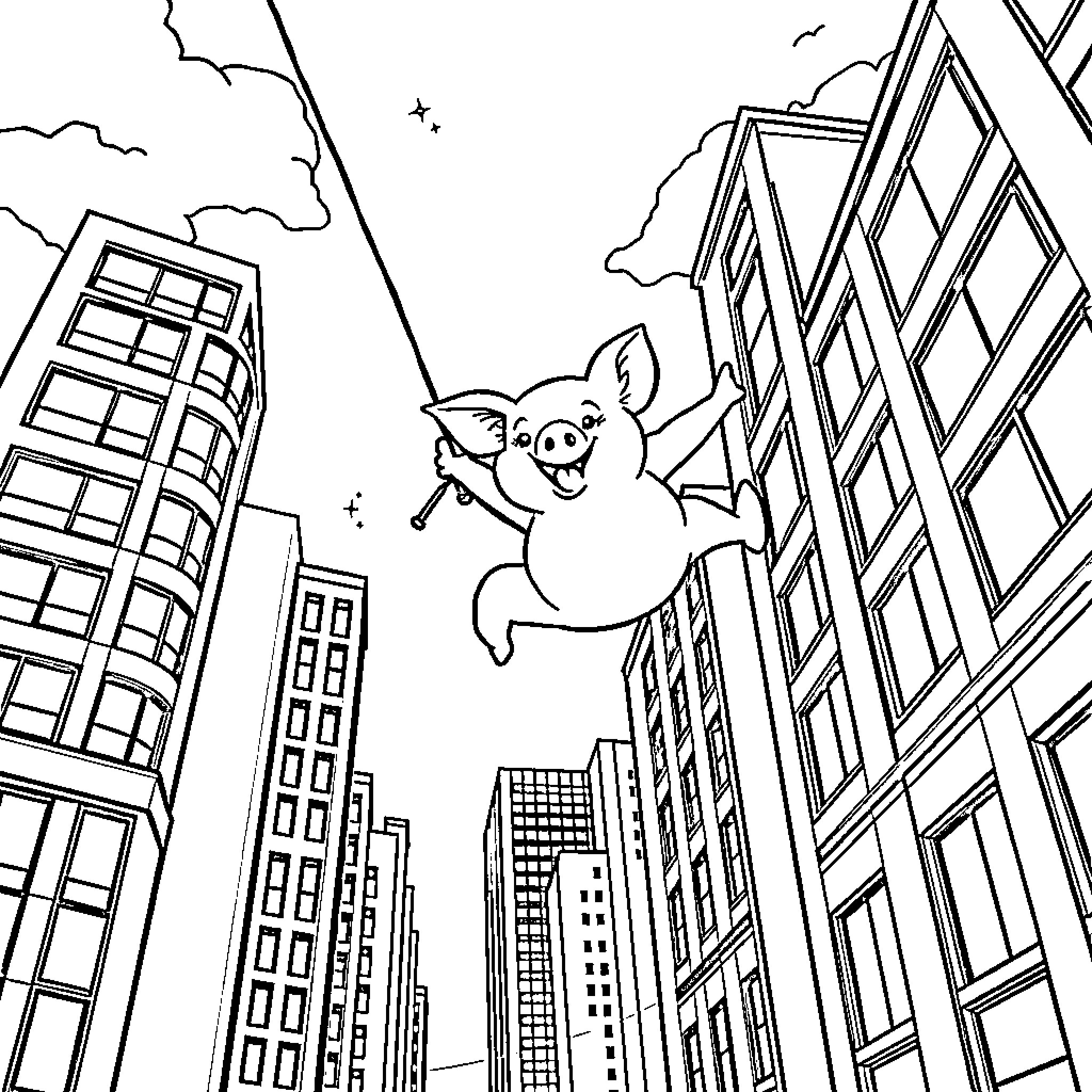 Spider Pig flying through the city skyline Coloring Page (free black-and-white line drawing printable PDF for all, from beginners to advanced learners, including children, teens, adults, and seniors)