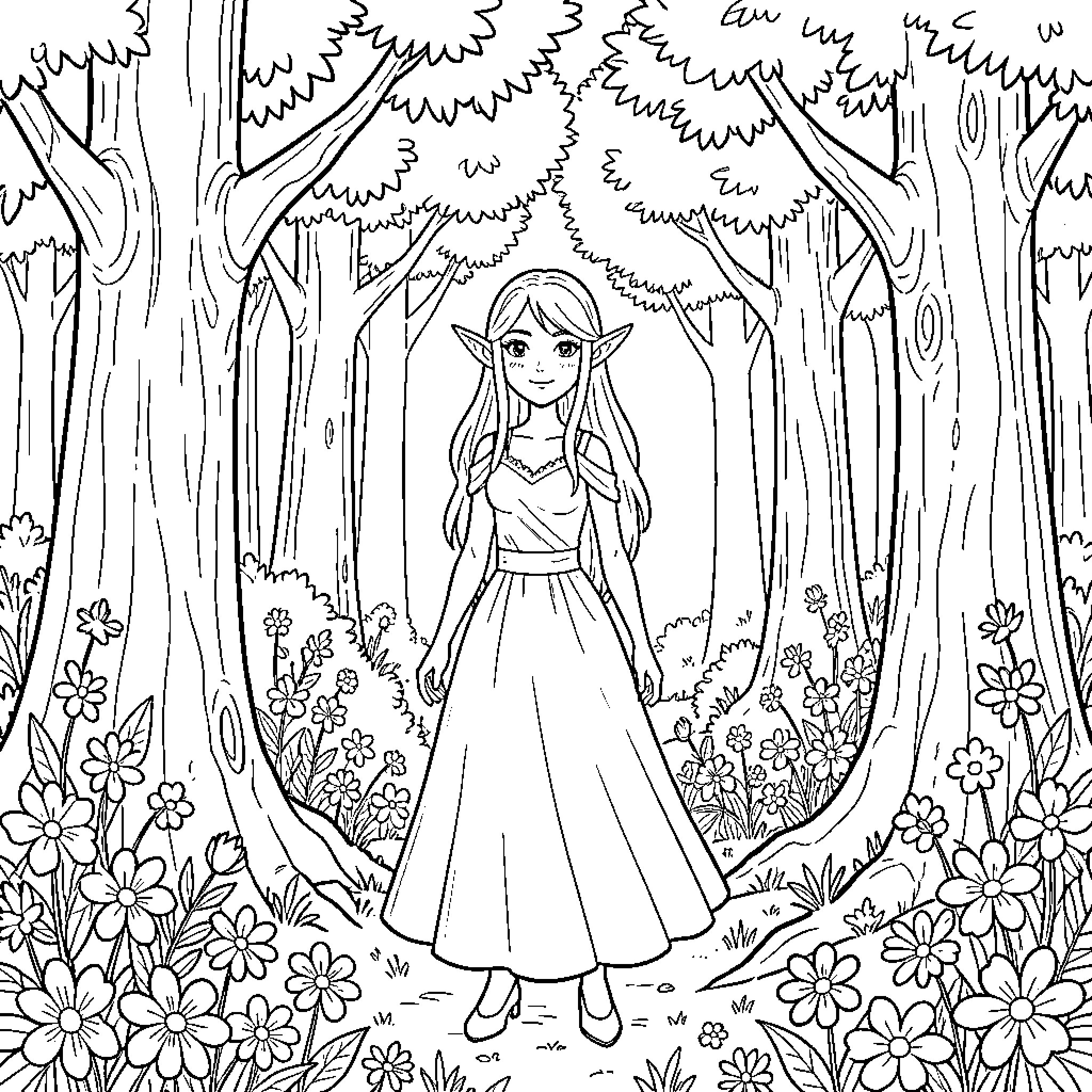 Forest Elf in a serene woodland scene Coloring Page (free black-and-white line drawing printable PDF for all, from beginners to advanced learners, including children, teens, adults, and seniors)