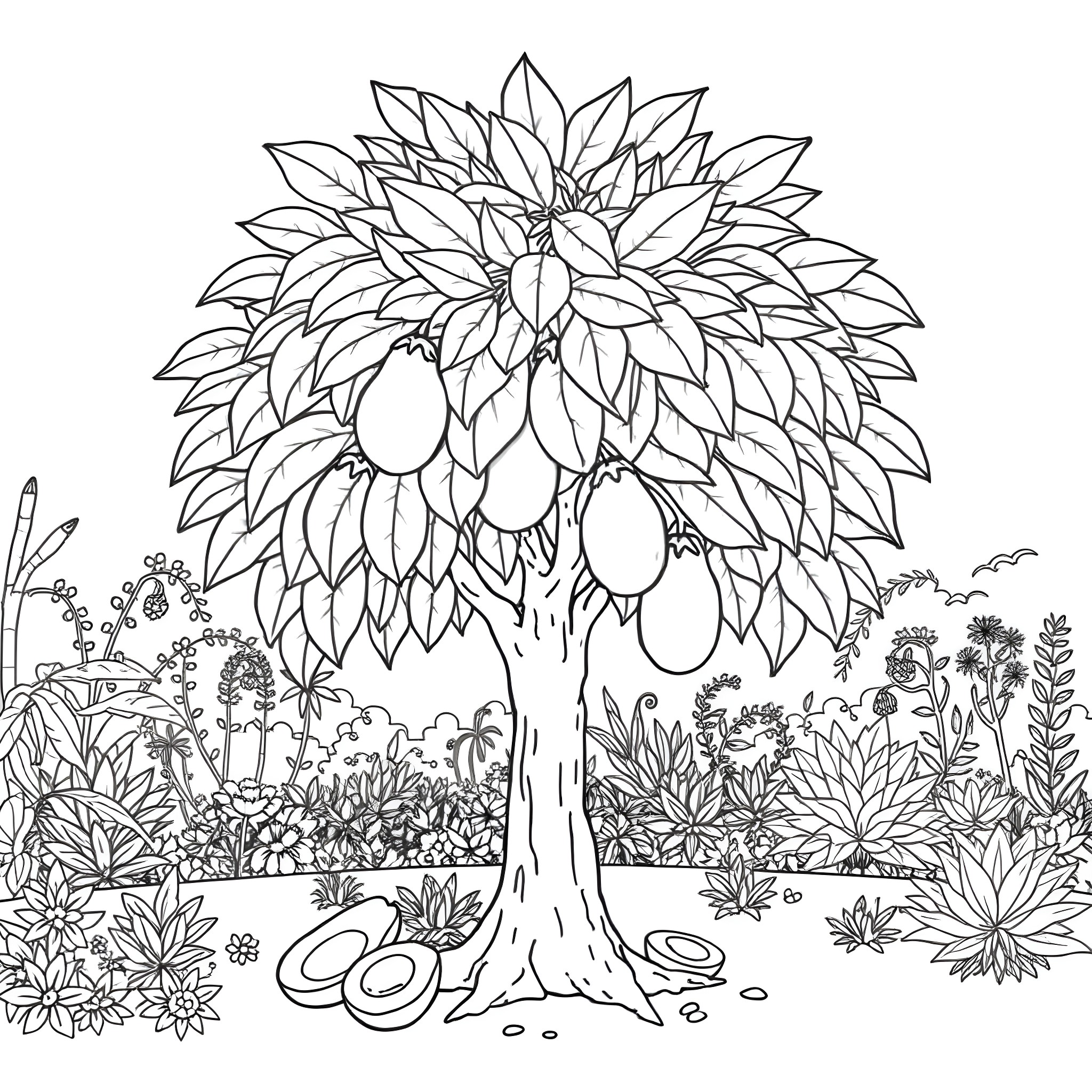 Avocado tree in a lush garden Coloring Page (free black-and-white line drawing printable PDF for all, from beginners to advanced learners, including children, teens, adults, and seniors)