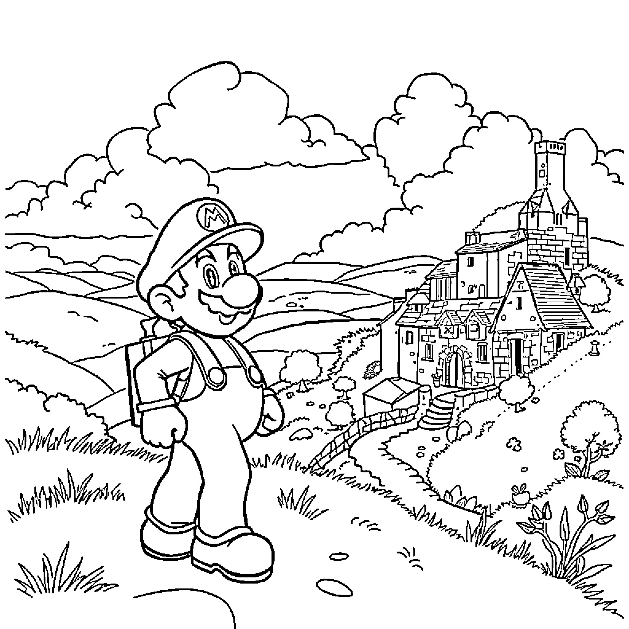 Mario Exploring the Whimsical Landscape Coloring Page (free black-and-white line drawing printable PDF for all, from beginners to advanced learners, including children, teens, adults, and seniors)