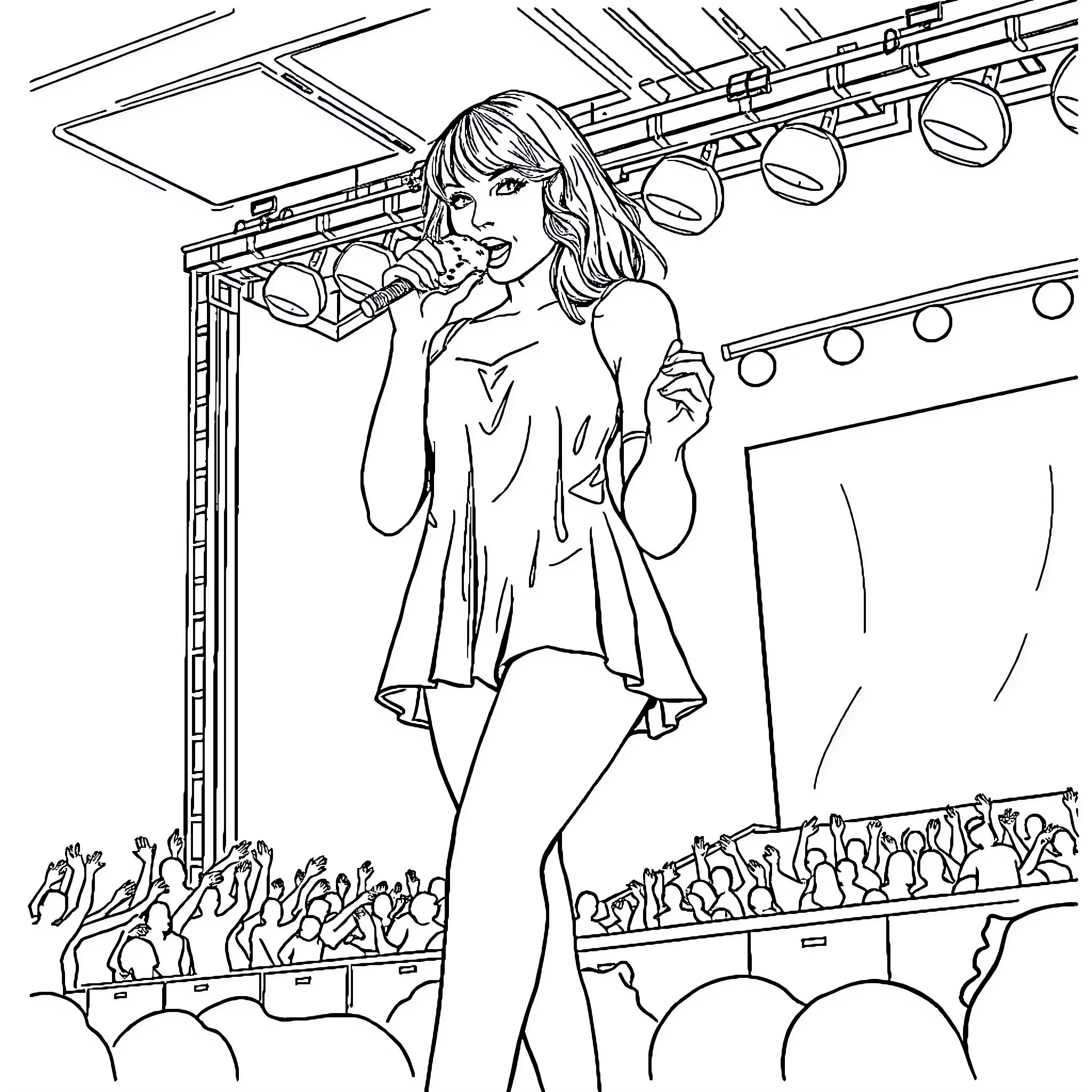 Taylor Swift performing on stage Coloring Page (free black-and-white line drawing printable PDF for all, from beginners to advanced learners, including children, teens, adults, and seniors)