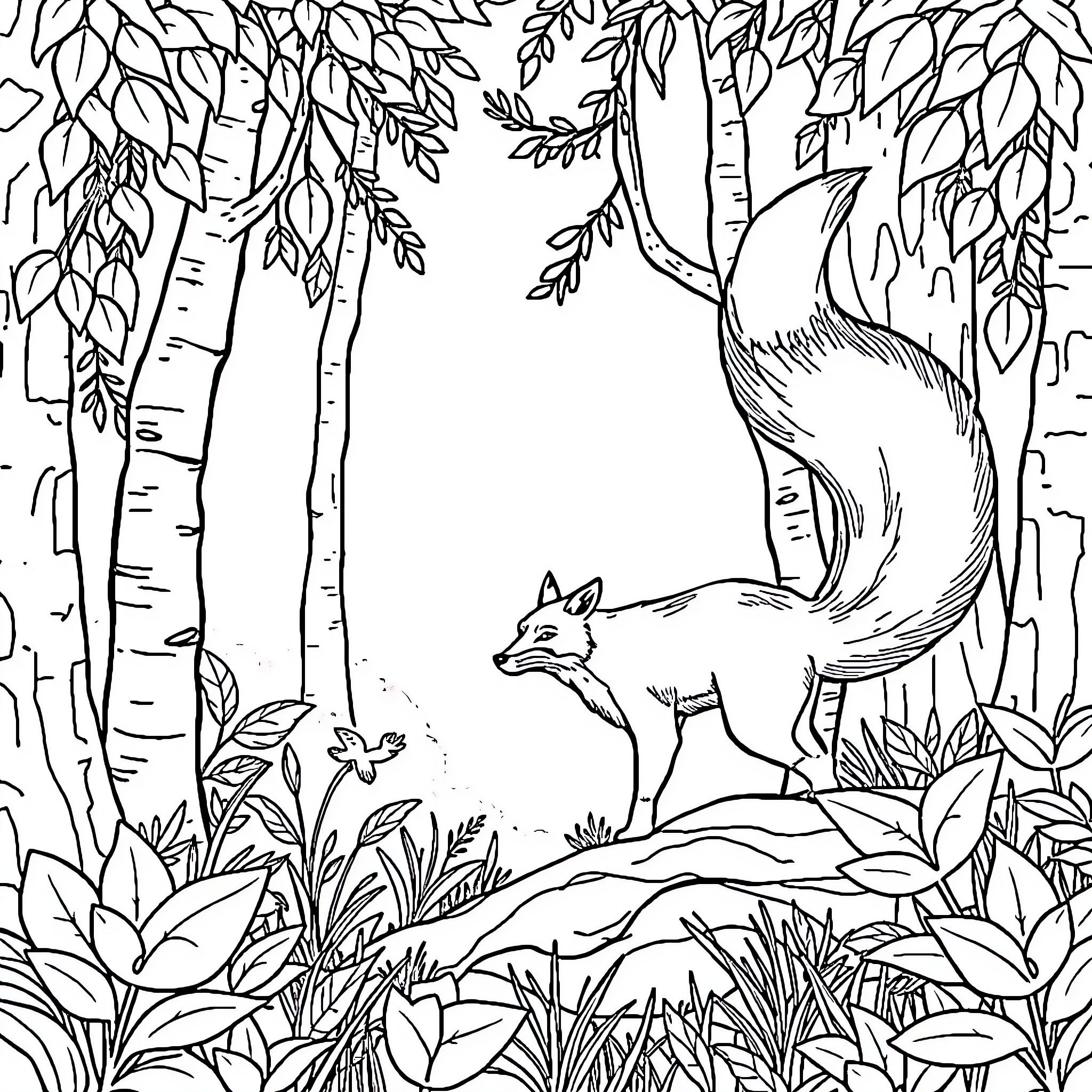 Fox exploring the lush forest Coloring Page (free black-and-white line drawing printable PDF for all, from beginners to advanced learners, including children, teens, adults, and seniors)