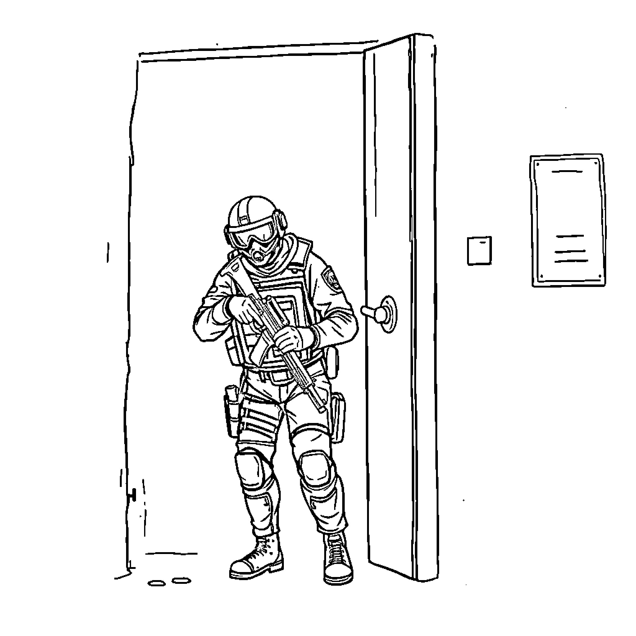 Swat Team Member Securing Building Coloring Page (free black-and-white line drawing printable PDF for all, from beginners to advanced learners, including children, teens, adults, and seniors)