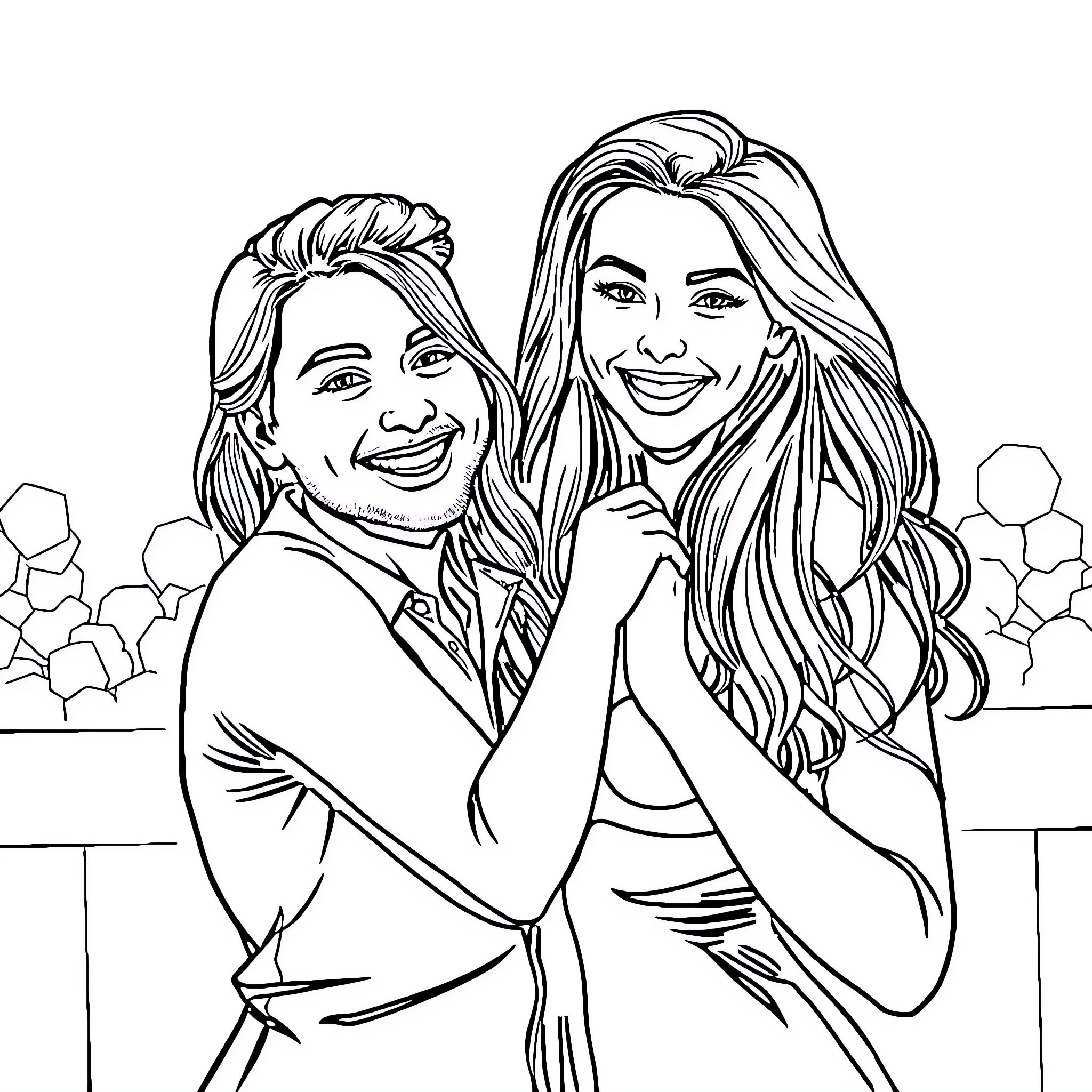 Man Woman Happily Embracing Outdoors Coloring Page (free black-and-white line drawing printable PDF for all, from beginners to advanced learners, including children, teens, adults, and seniors)