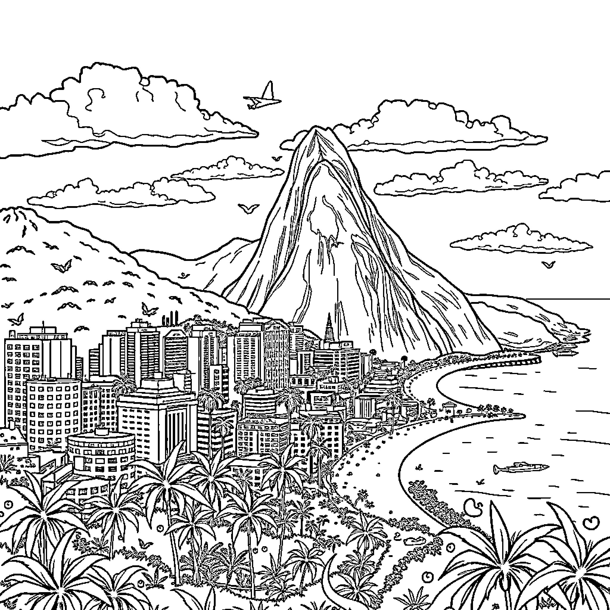 Rio Janeiro skyline with majestic mountain and cityscape Coloring Page (free black-and-white line drawing printable PDF for all, from beginners to advanced learners, including children, teens, adults, and seniors)