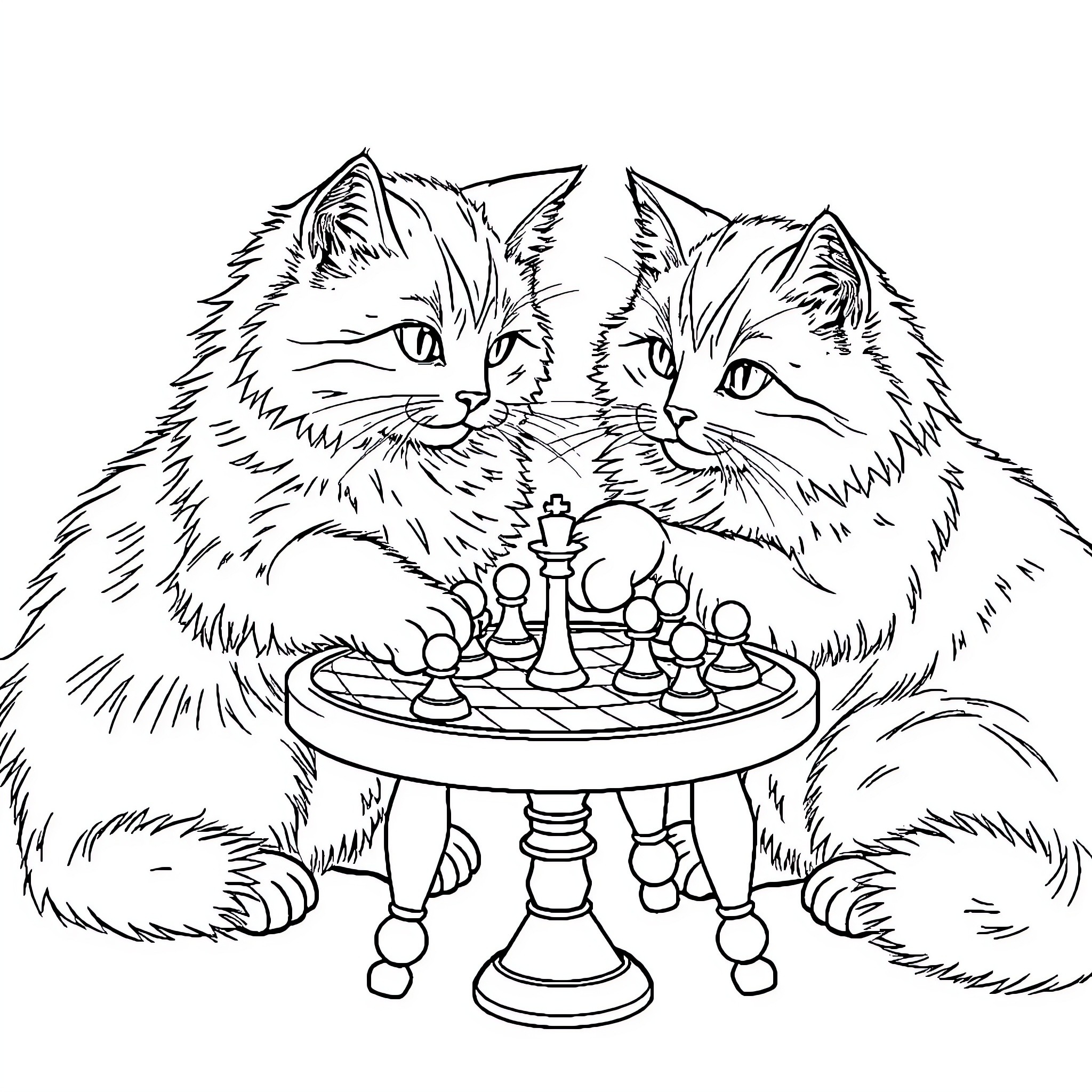 Cats Engaged in a Chess Match Coloring Page (free black-and-white line drawing printable PDF for all, from beginners to advanced learners, including children, teens, adults, and seniors)