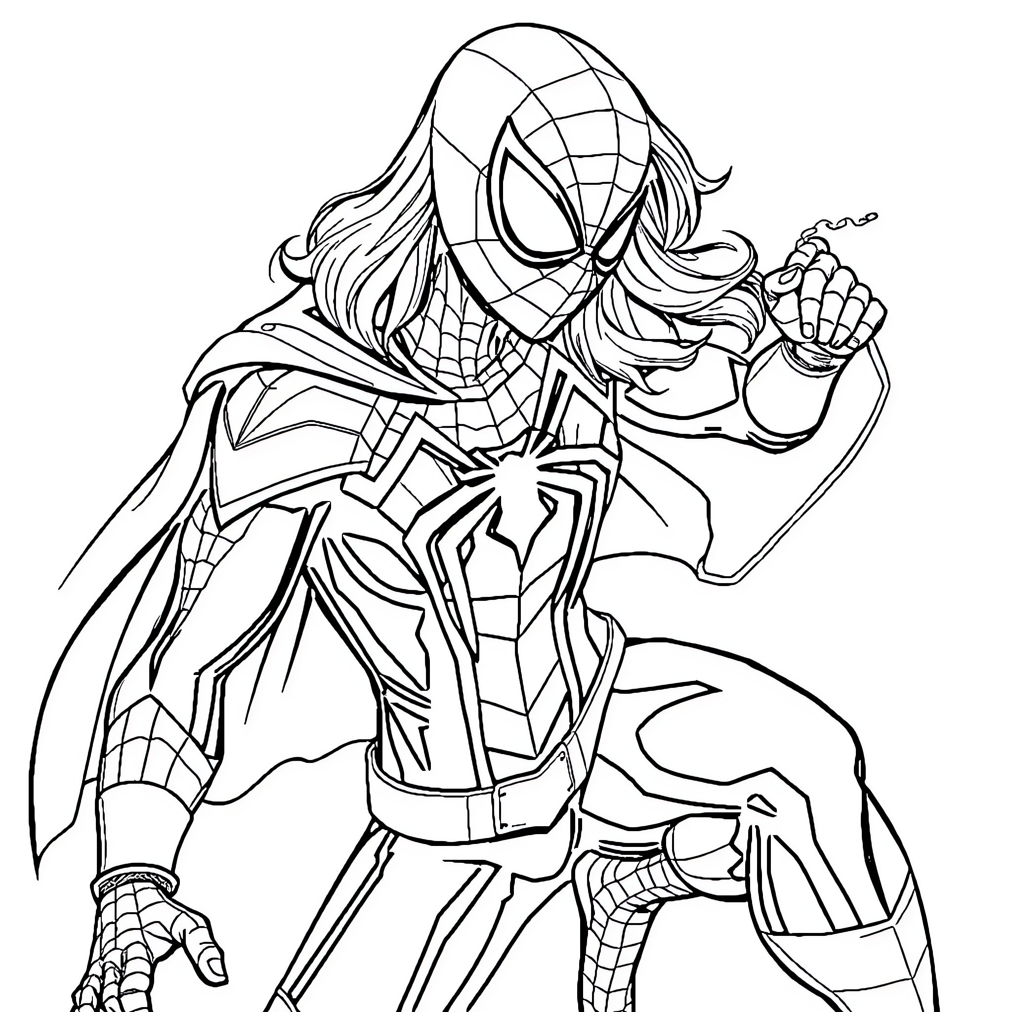 Spiderman ready for action in heroic pose Coloring Page (free black-and-white line drawing printable PDF for all, from beginners to advanced learners, including children, teens, adults, and seniors)