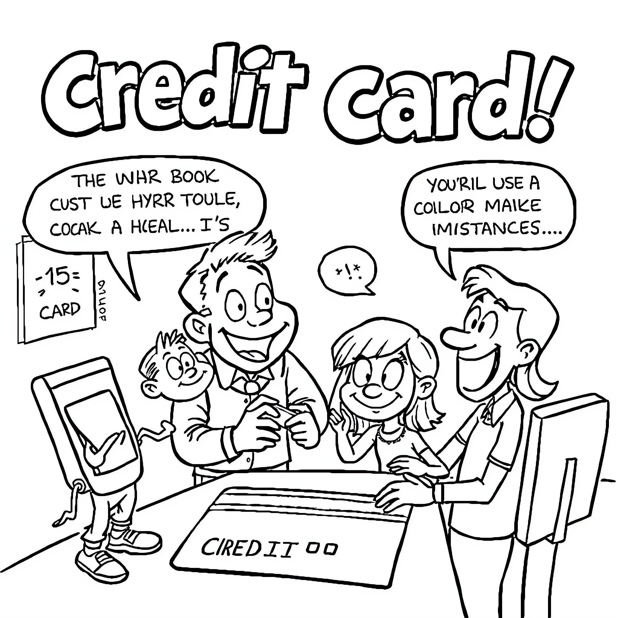 Credit Card! Making Purchases with Colorful Mishaps Coloring Page (free black-and-white line drawing printable PDF for all, from beginners to advanced learners, including children, teens, adults, and seniors)