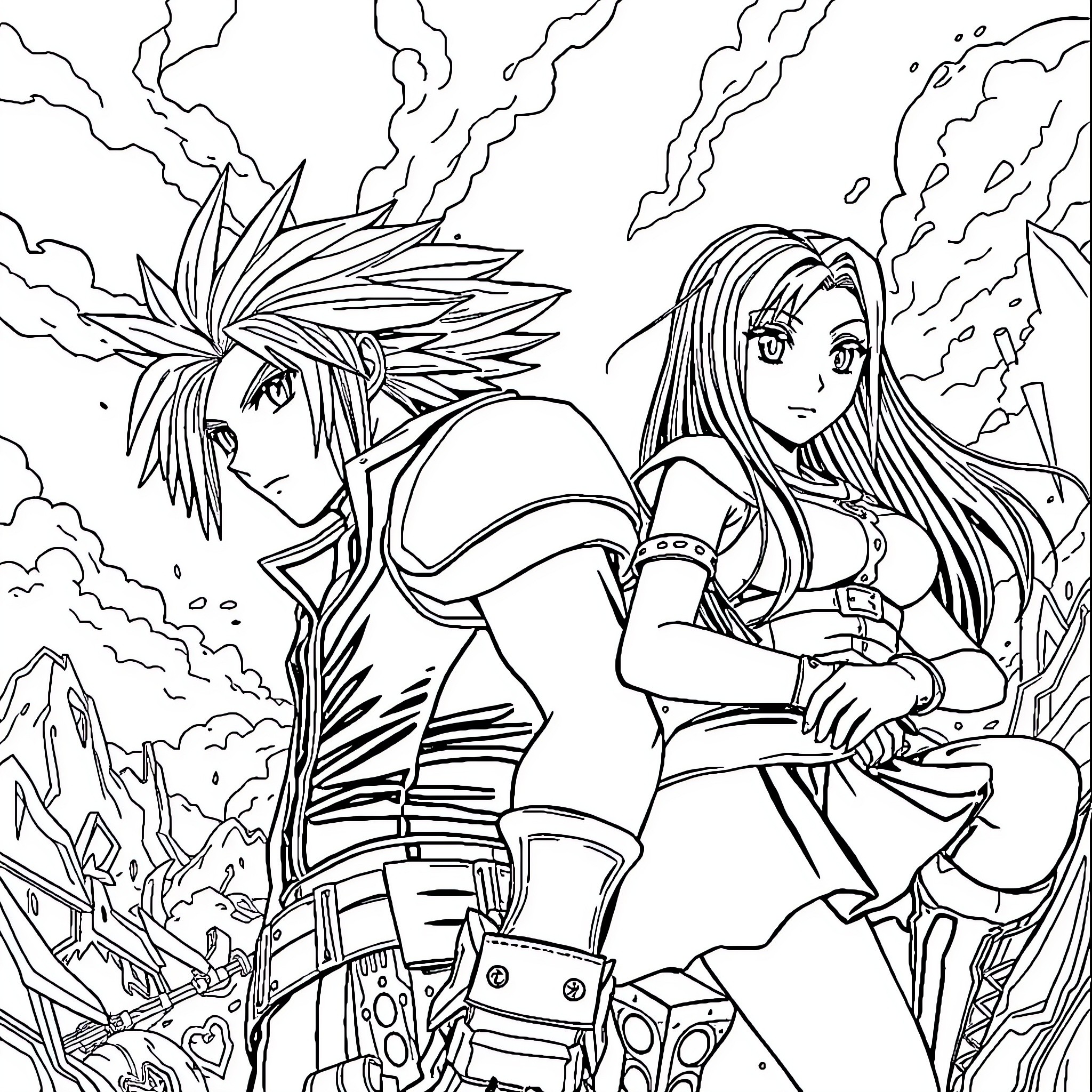 Final Fantasy: Anime-Inspired Heroes in Epic Encounter Coloring Page (free black-and-white line drawing printable PDF for all, from beginners to advanced learners, including children, teens, adults, and seniors)