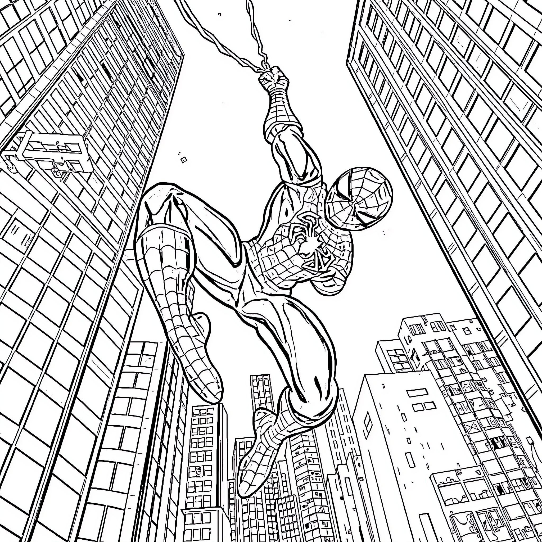 Spiderman swinging heroically through the city skyline Coloring Page (free black-and-white line drawing printable PDF for all, from beginners to advanced learners, including children, teens, adults, and seniors)