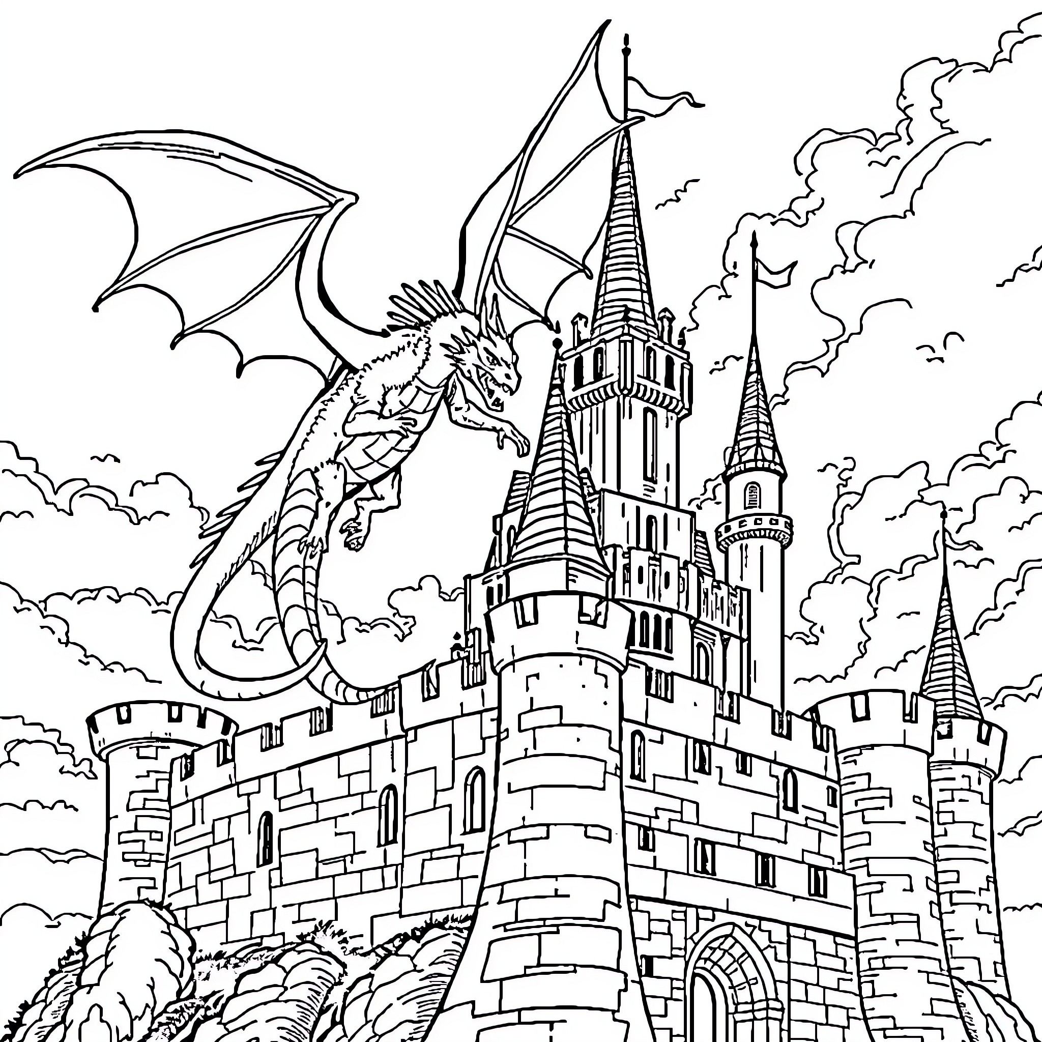 Dragon soaring over fantasy castle in the sky Coloring Page (free black-and-white line drawing printable PDF for all, from beginners to advanced learners, including children, teens, adults, and seniors)
