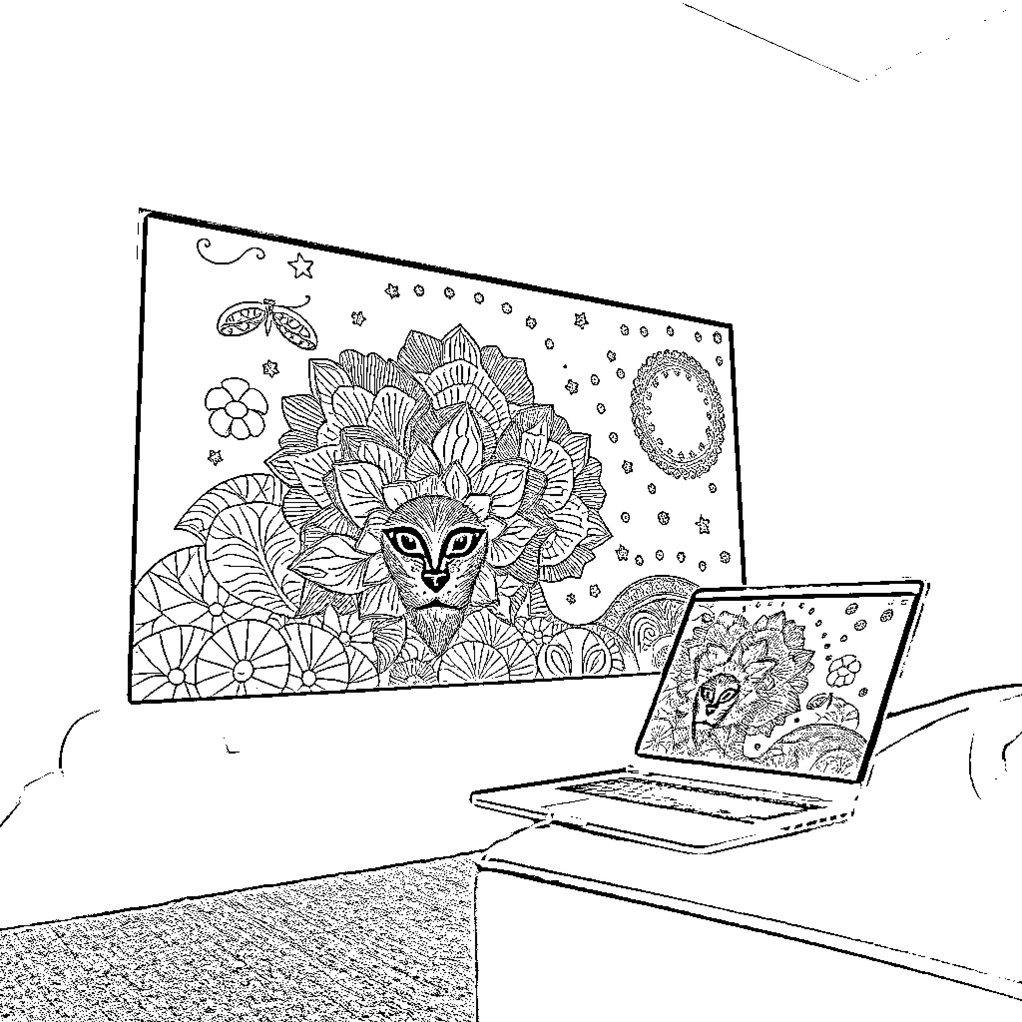 HP Chromebook displaying intricate floral artwork Coloring Page (free black-and-white line drawing printable PDF for all, from beginners to advanced learners, including children, teens, adults, and seniors)