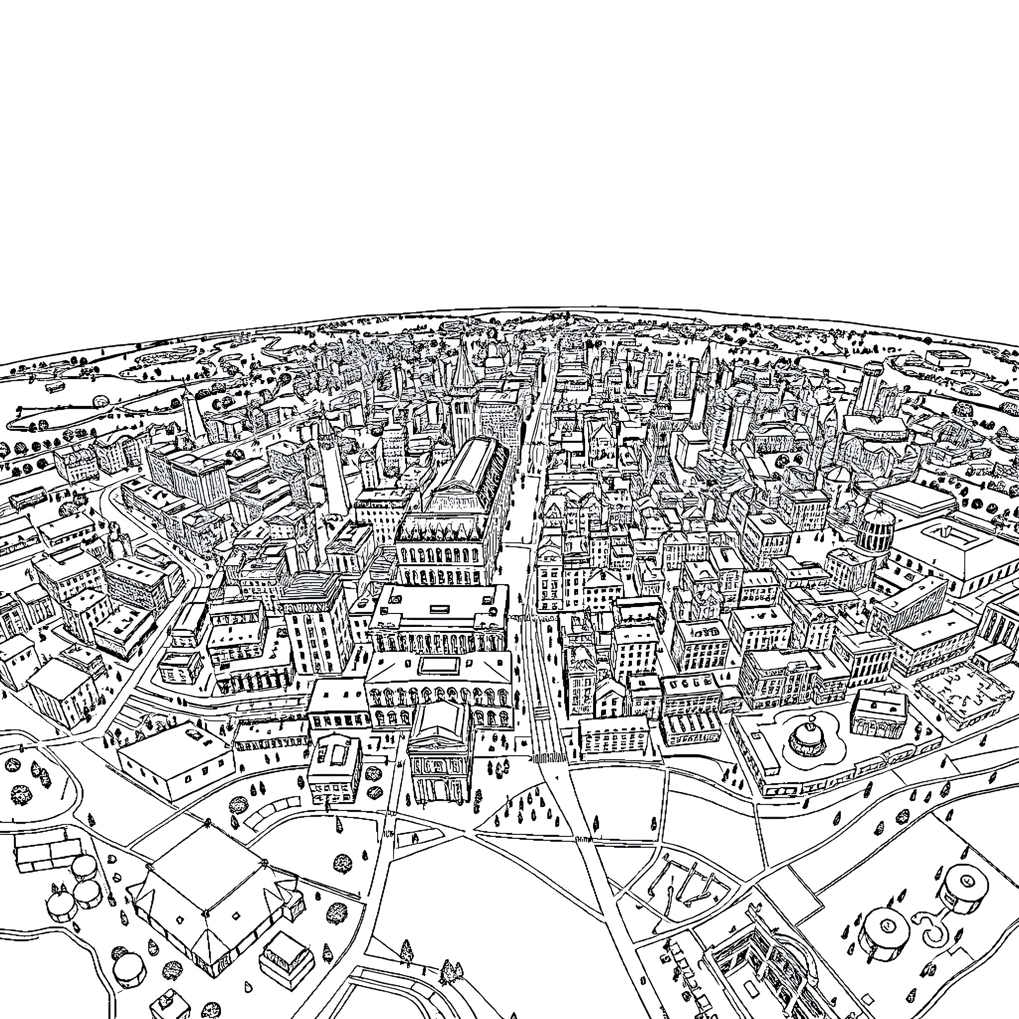 Map of a bustling cityscape with detailed architectural features Coloring Page (free black-and-white line drawing printable PDF for all, from beginners to advanced learners, including children, teens, adults, and seniors)