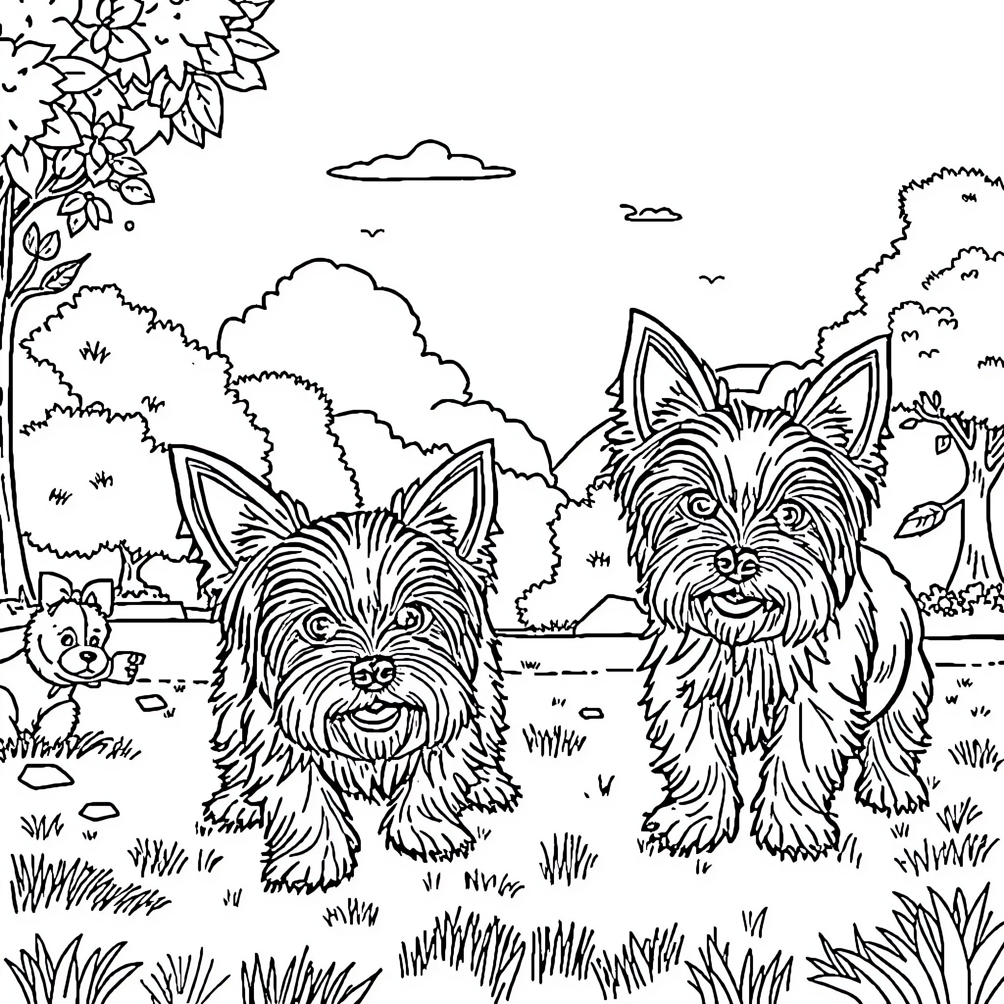 Yorkies playing in the park Coloring Page (free black-and-white line drawing printable PDF for all, from beginners to advanced learners, including children, teens, adults, and seniors)