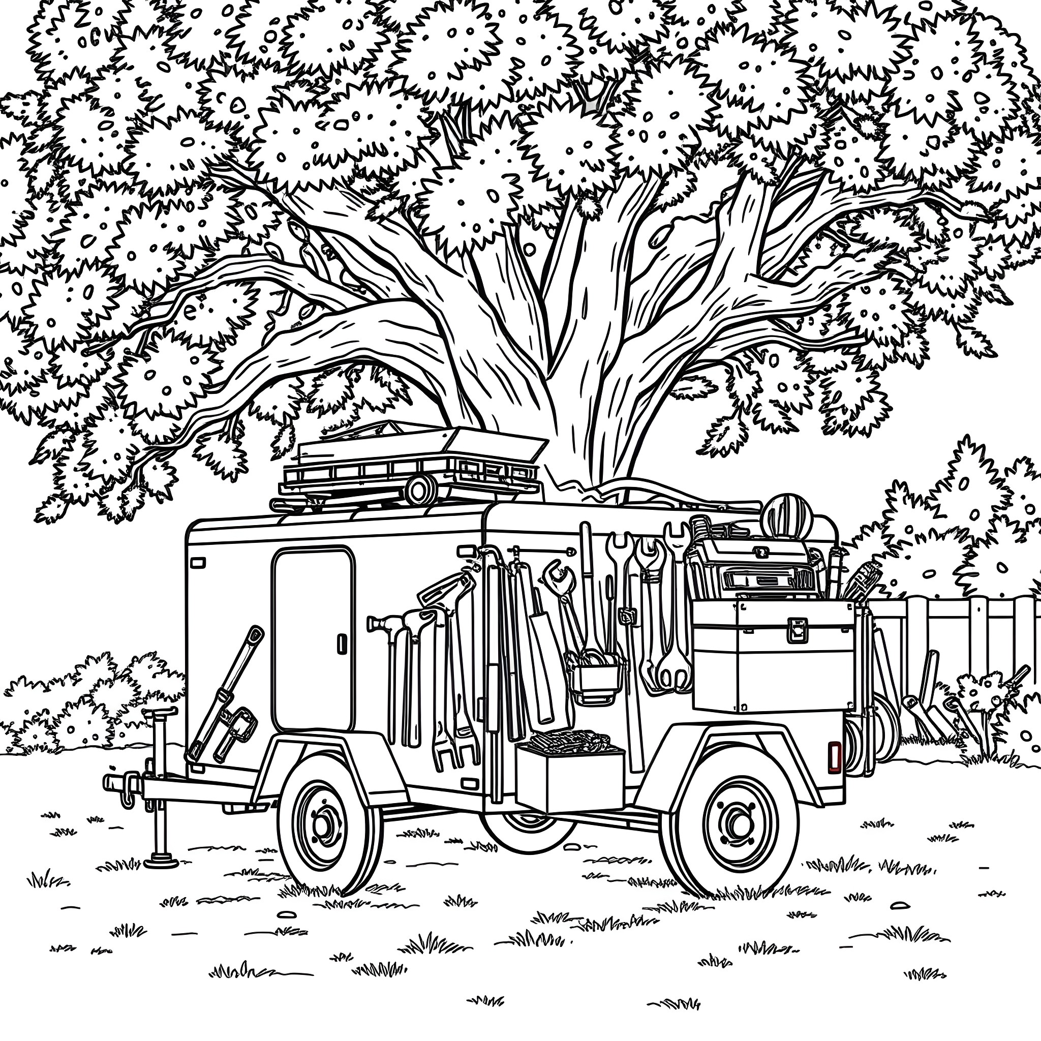 Tool Trailer Packed with Equipment in Wooded Landscape Coloring Page (free black-and-white line drawing printable PDF for all, from beginners to advanced learners, including children, teens, adults, and seniors)