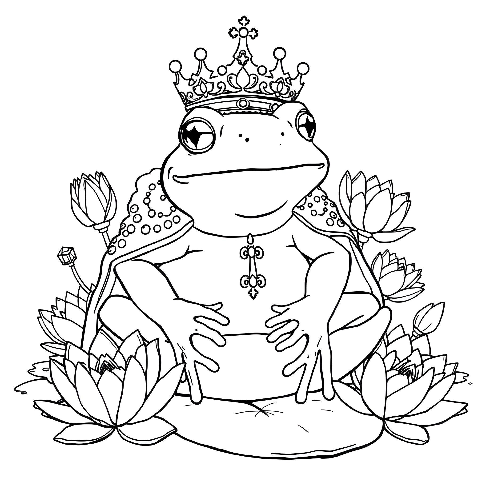 Frog Monarch Sitting Among Lotus Flowers Coloring Page (free black-and-white line drawing printable PDF for all, from beginners to advanced learners, including children, teens, adults, and seniors)
