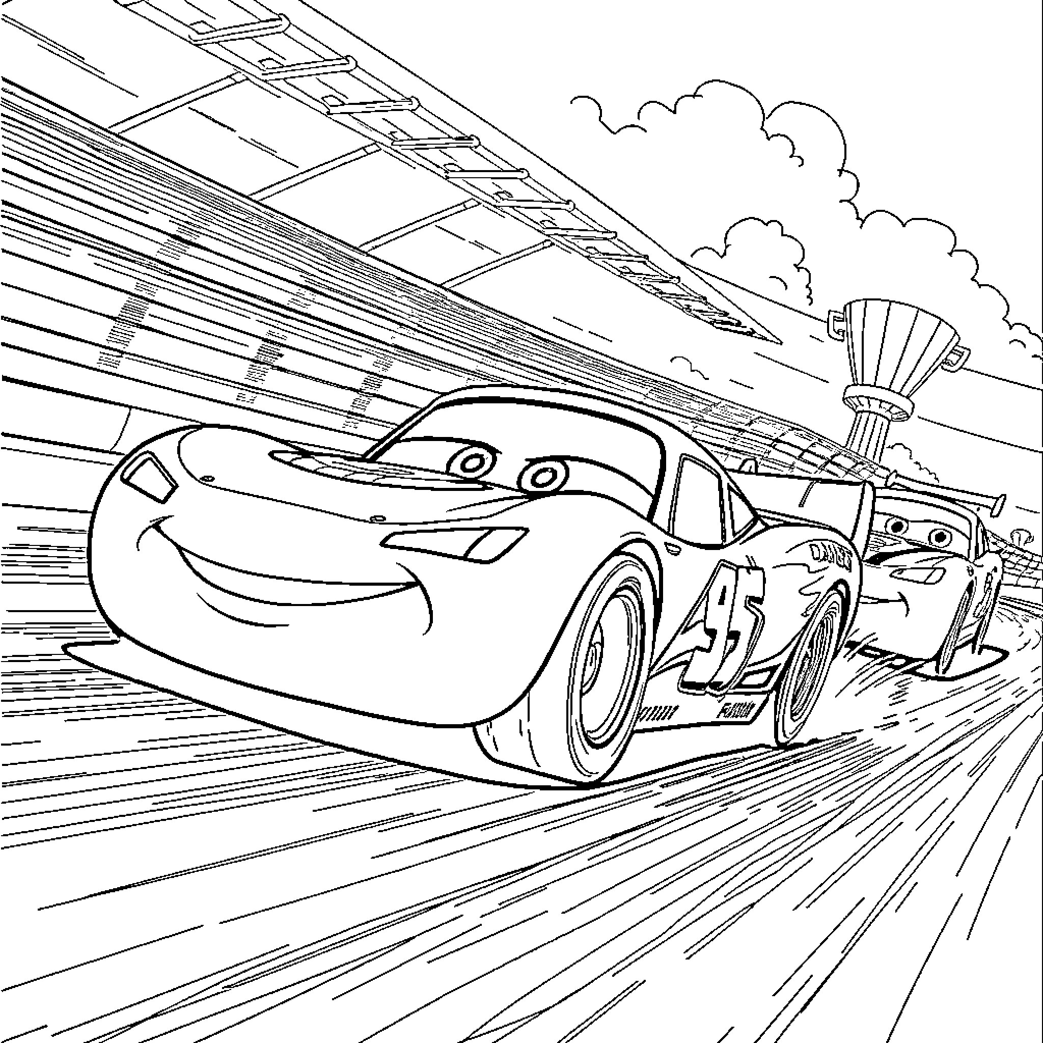 Lightning McQueen racing at high speed on the track Coloring Page (free black-and-white line drawing printable PDF for all, from beginners to advanced learners, including children, teens, adults, and seniors)