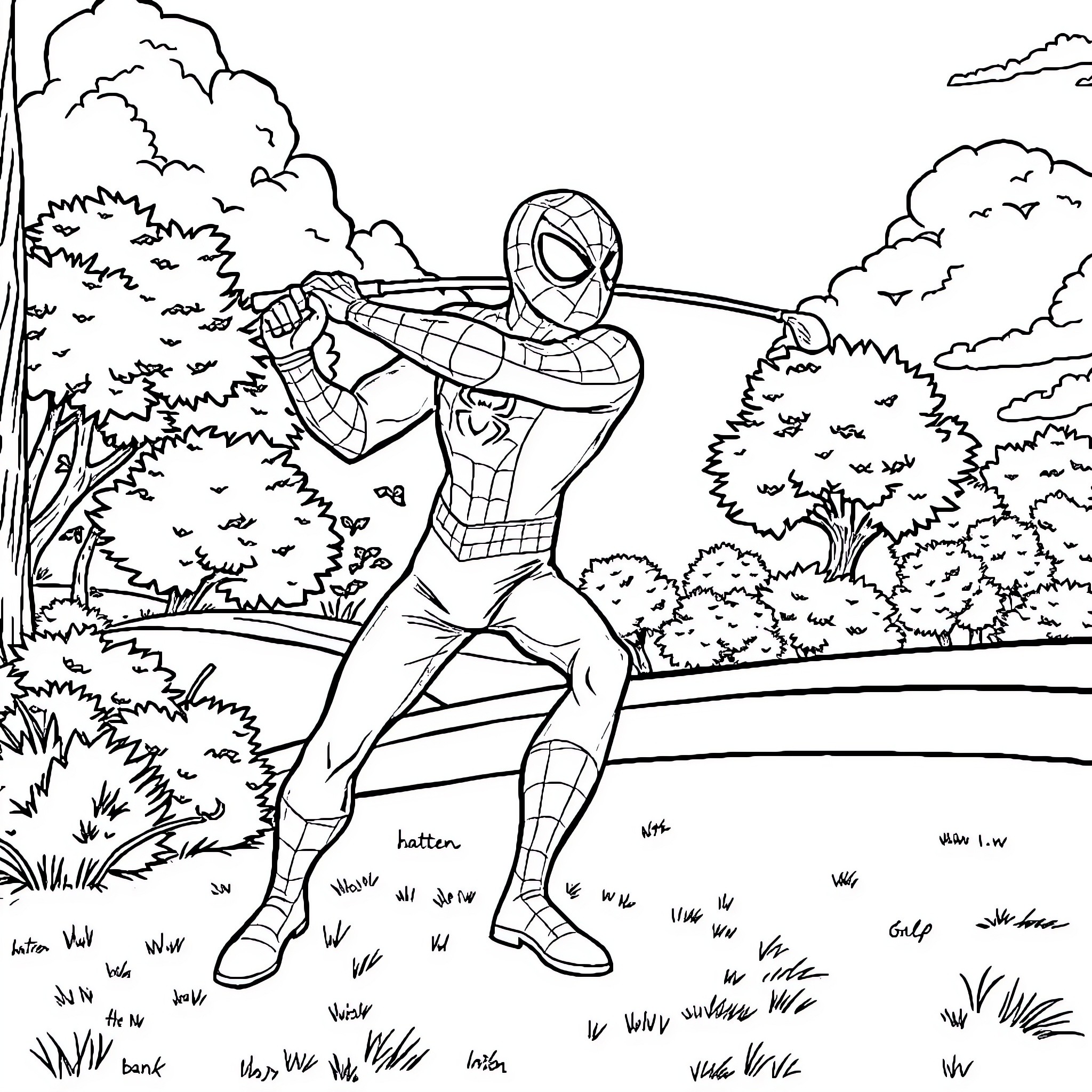 Spiderman swinging through the forest landscape Coloring Page (free black-and-white line drawing printable PDF for all, from beginners to advanced learners, including children, teens, adults, and seniors)