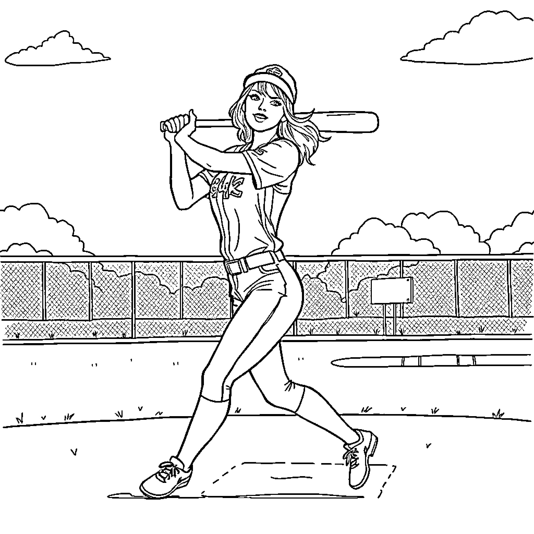Taylor Swift playing softball in athletic outfit Coloring Page (free black-and-white line drawing printable PDF for all, from beginners to advanced learners, including children, teens, adults, and seniors)