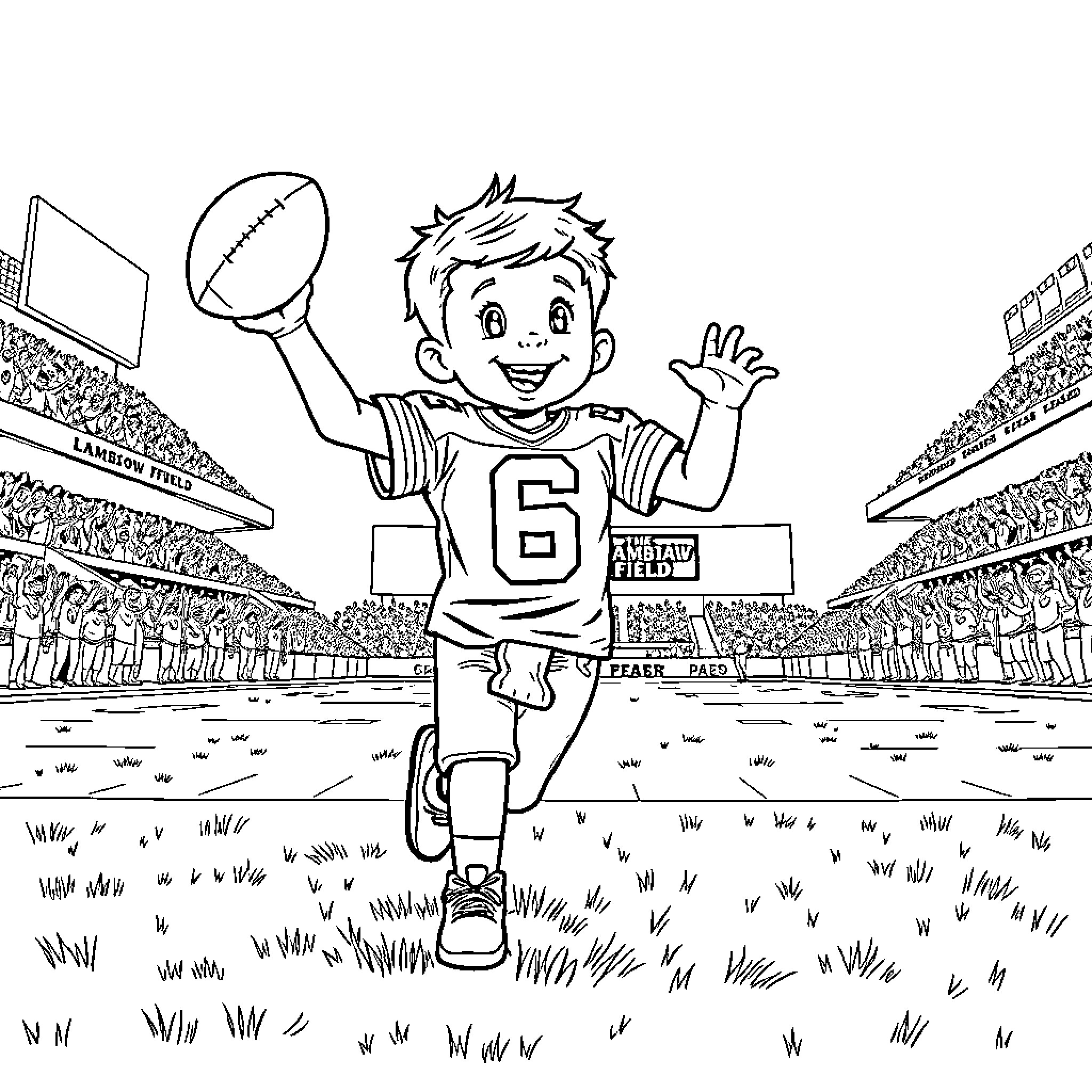 Boy celebrating touchdown on football field Coloring Page (free black-and-white line drawing printable PDF for all, from beginners to advanced learners, including children, teens, adults, and seniors)