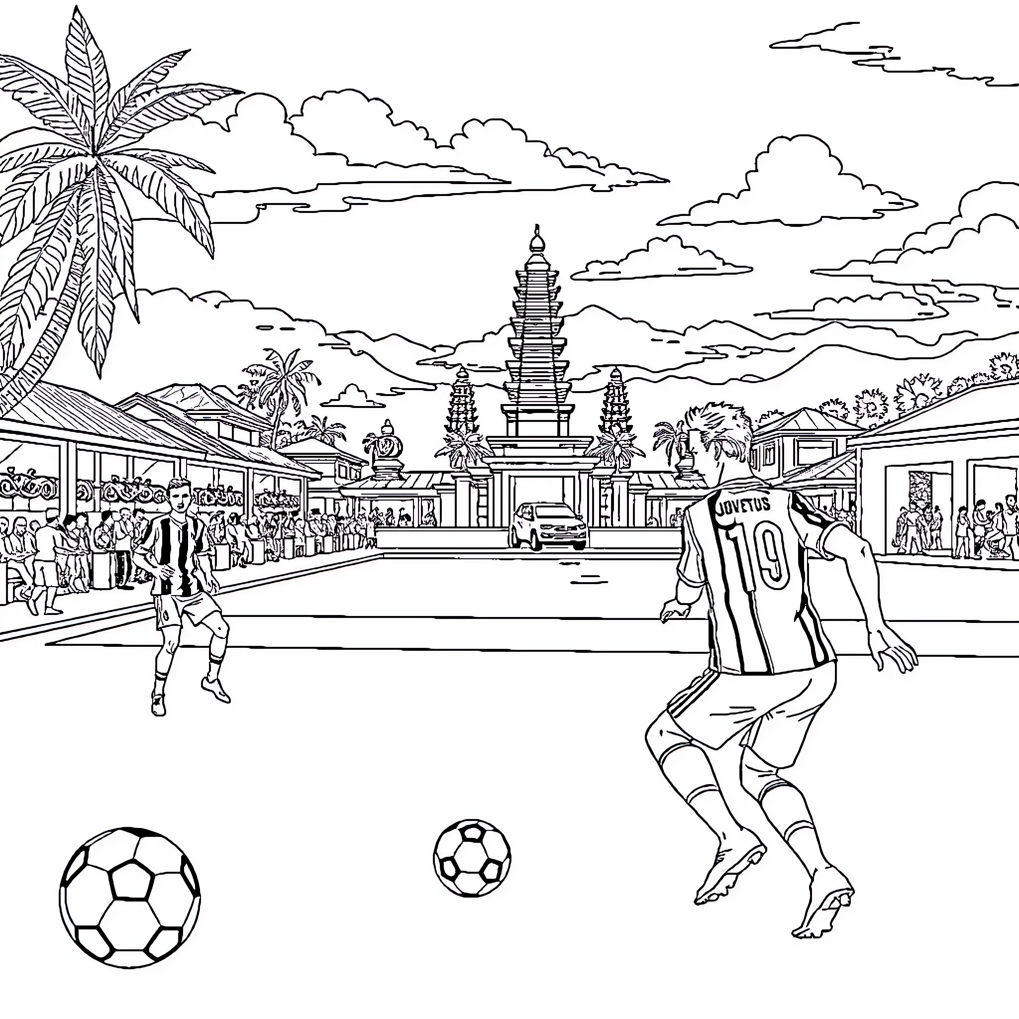 Juventus players kicking soccer balls in a scenic town Coloring Page (free black-and-white line drawing printable PDF for all, from beginners to advanced learners, including children, teens, adults, and seniors)