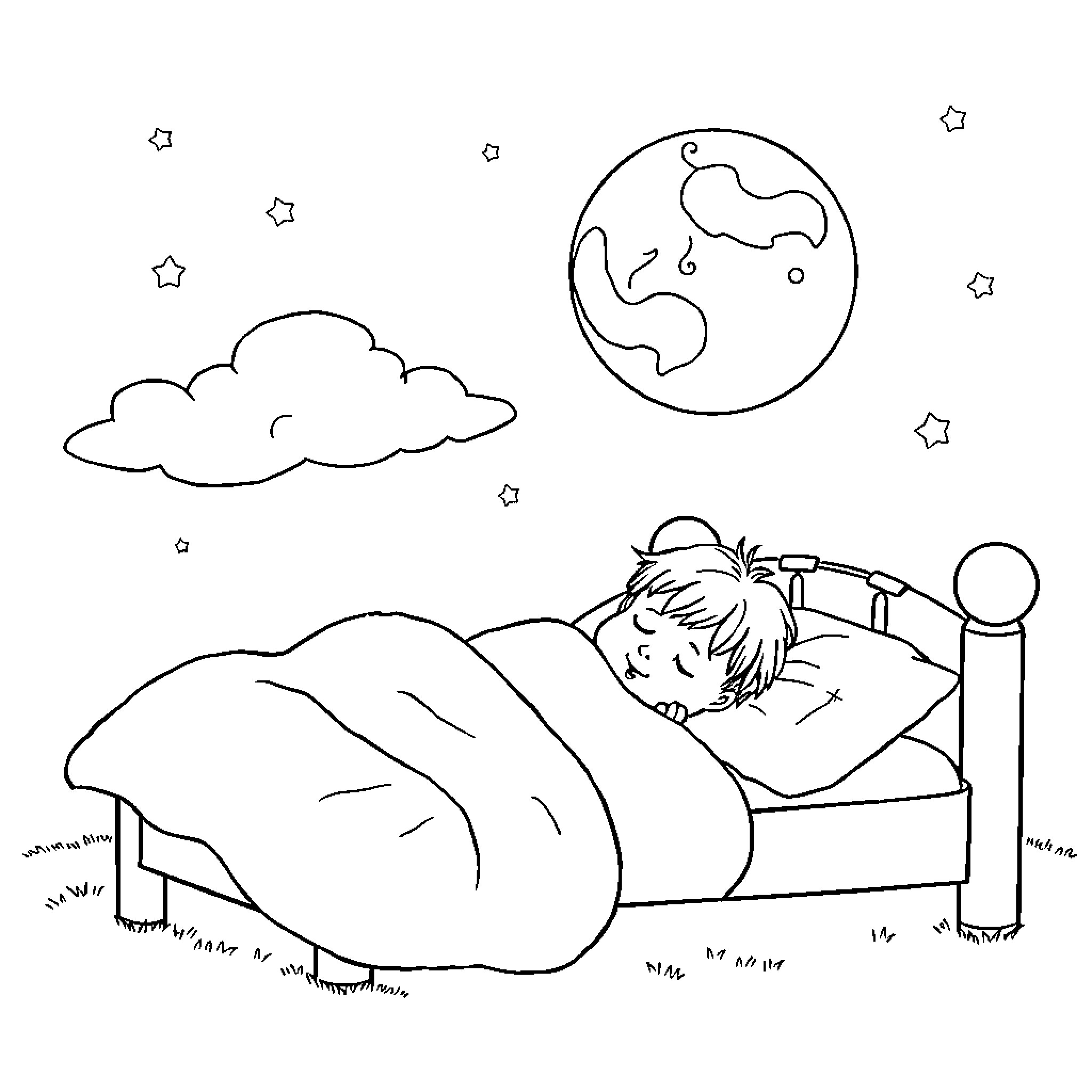 Moon gazing from a child's bedroom Coloring Page (free black-and-white line drawing printable PDF for all, from beginners to advanced learners, including children, teens, adults, and seniors)